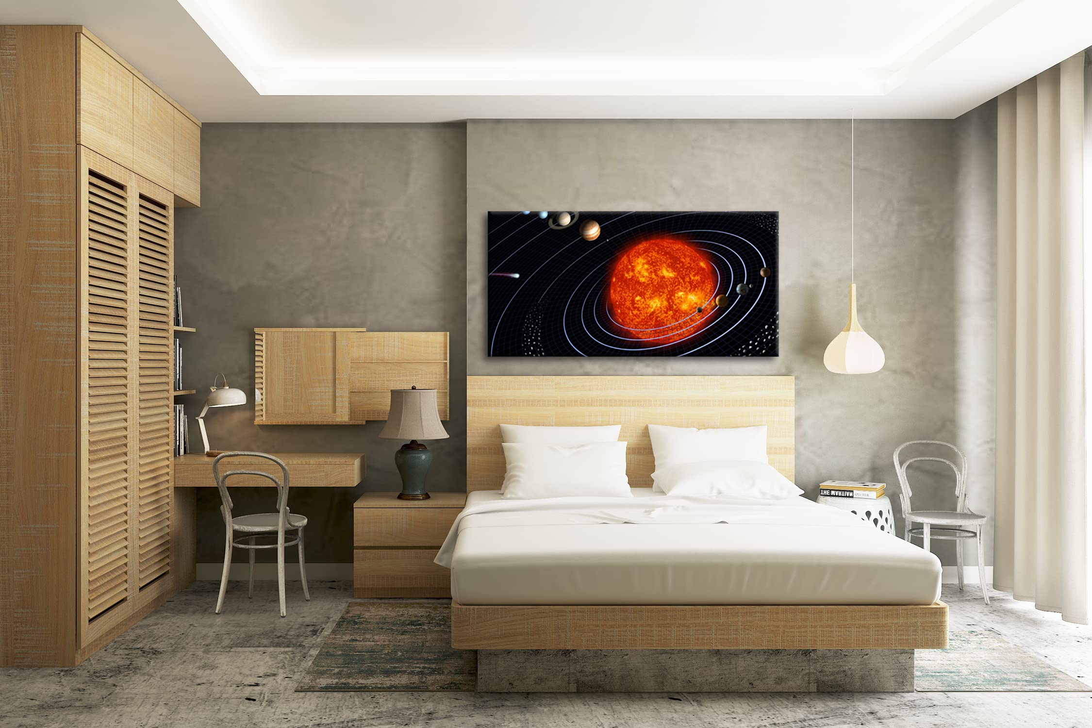 Unser Sonnensystem Panorama Impression numérique de qualité supérieure avec cadre en bois 120 x 60 cm