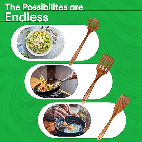 Miniatura 4 de Juego de utensilios de cocina de madera, juego de utensilios de cocina de madera de teca, incluye soporte para utensilios de madera, espátula de