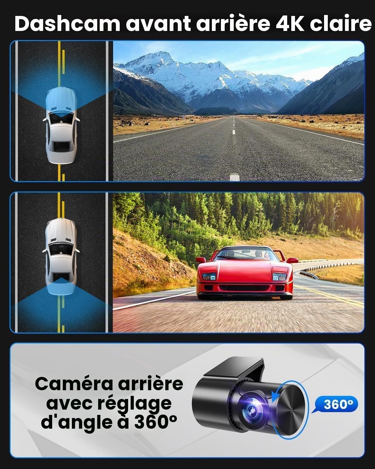 Oryzom Dashcam 4K Pro – Enregistrement Ultra HD avec caméras Avant/arrière, Vision Nocturne et Surveillance 24h/24(Chargeur de Voiture Standard 4k + 1080P + Allume-Cigare)