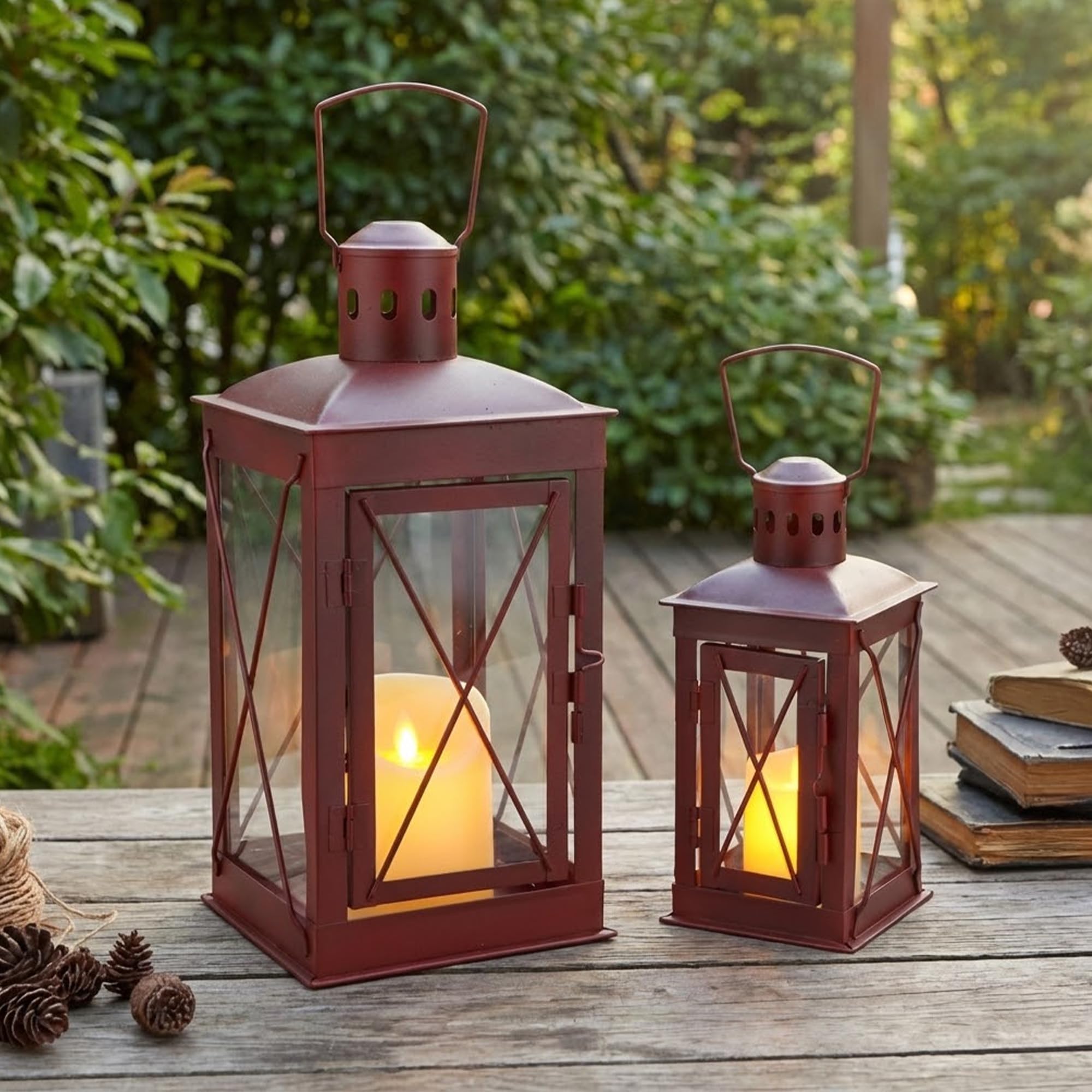 TRIROCKS Set of 2 Decorative Easter Candle Lanterns, 30cm & 20cm Red Metal Hanging Lanterns, Candle Holders for Home Decor Patio Living Room Tabletop Indoor Outdoor Easter Dinner Decoration