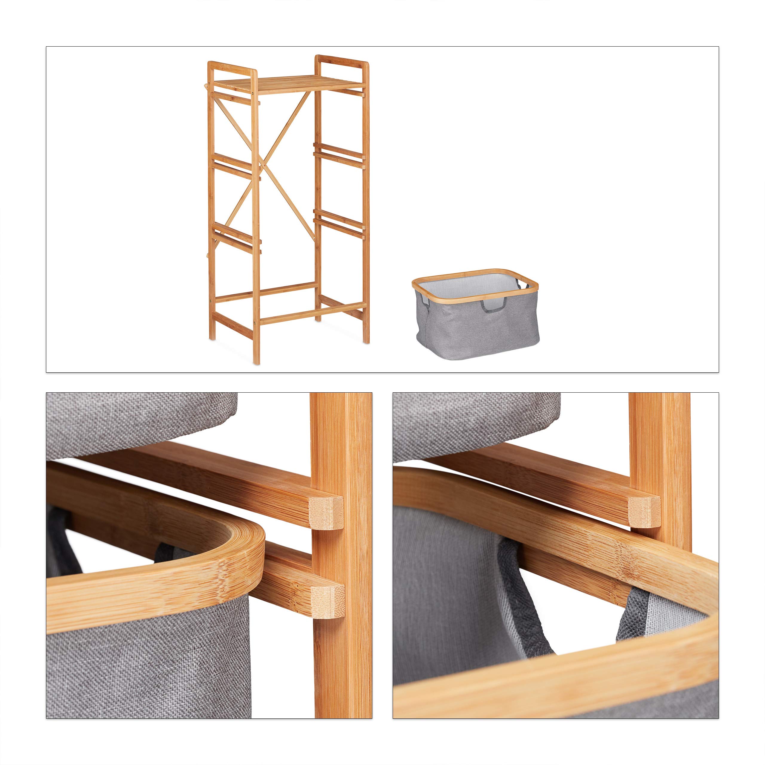 Relaxdays Scaffale in bambù, 3 Scomparti con Ceste Portabiancheria, Bagno & Camera, 96 x 44 x 34,5 cm, Naturale Grigio