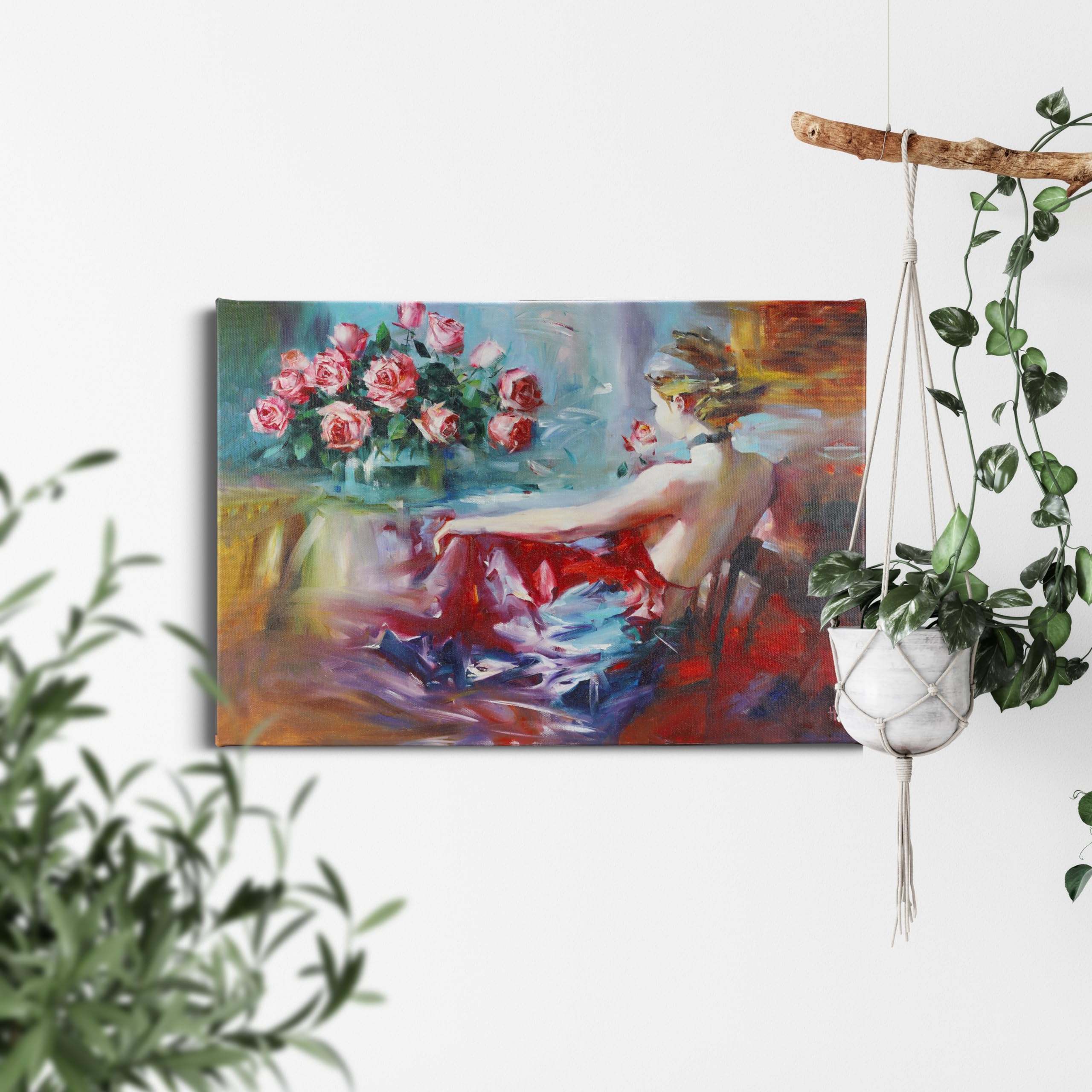 JBER Sztuka ścienna na płótnie, dekoracja stołu ściennego do sypialni, salonu, piękny prezent, obraz olejny na płótnie do pokoju - 60 x 40 cm (pełna wdzięku czerwona sukienka)