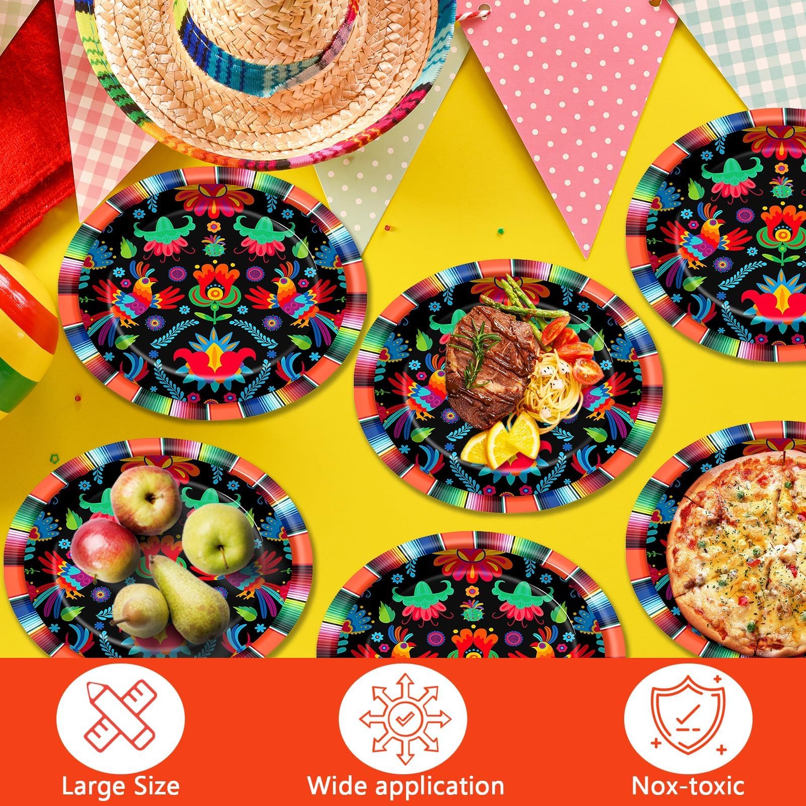 Qyeahkj 50 Stück mexikanische Fiesta-Pappteller, oval, groß, 27,9 cm, Einweg-Pappteller, Fiesta-Party-Dekorationen, mexikanische Stechapfel-Blumen-Zubehör, Gastgeschenk für den Tag der Toten, Mexiko,
