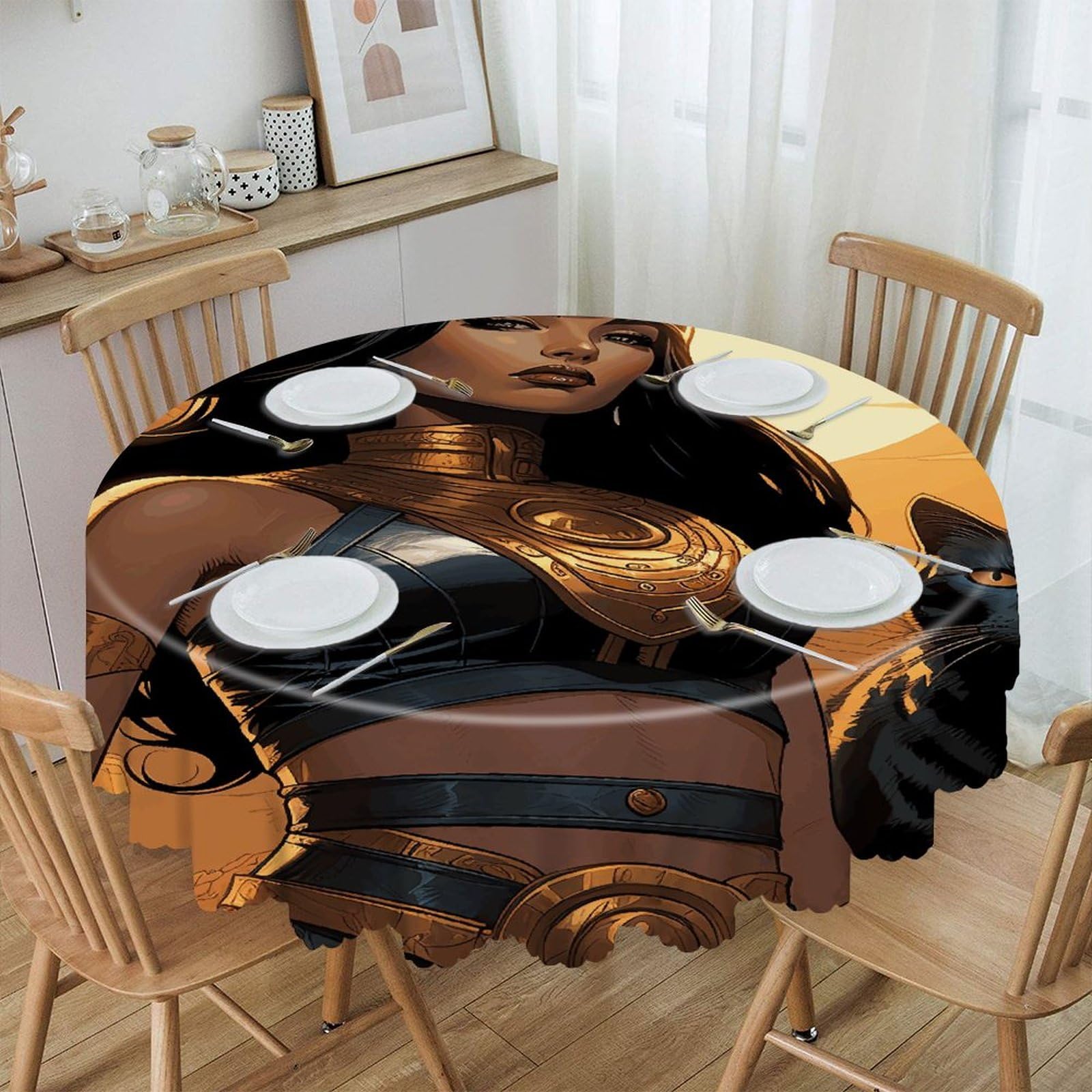 VstaDank an Ancient Princess Round Tablecloth 60 Inch Easy to Clean Circle Table Cover Thick Decorative Round Polyester Table Cloth for Dining Kitchen Party Farmhouse Outdoor