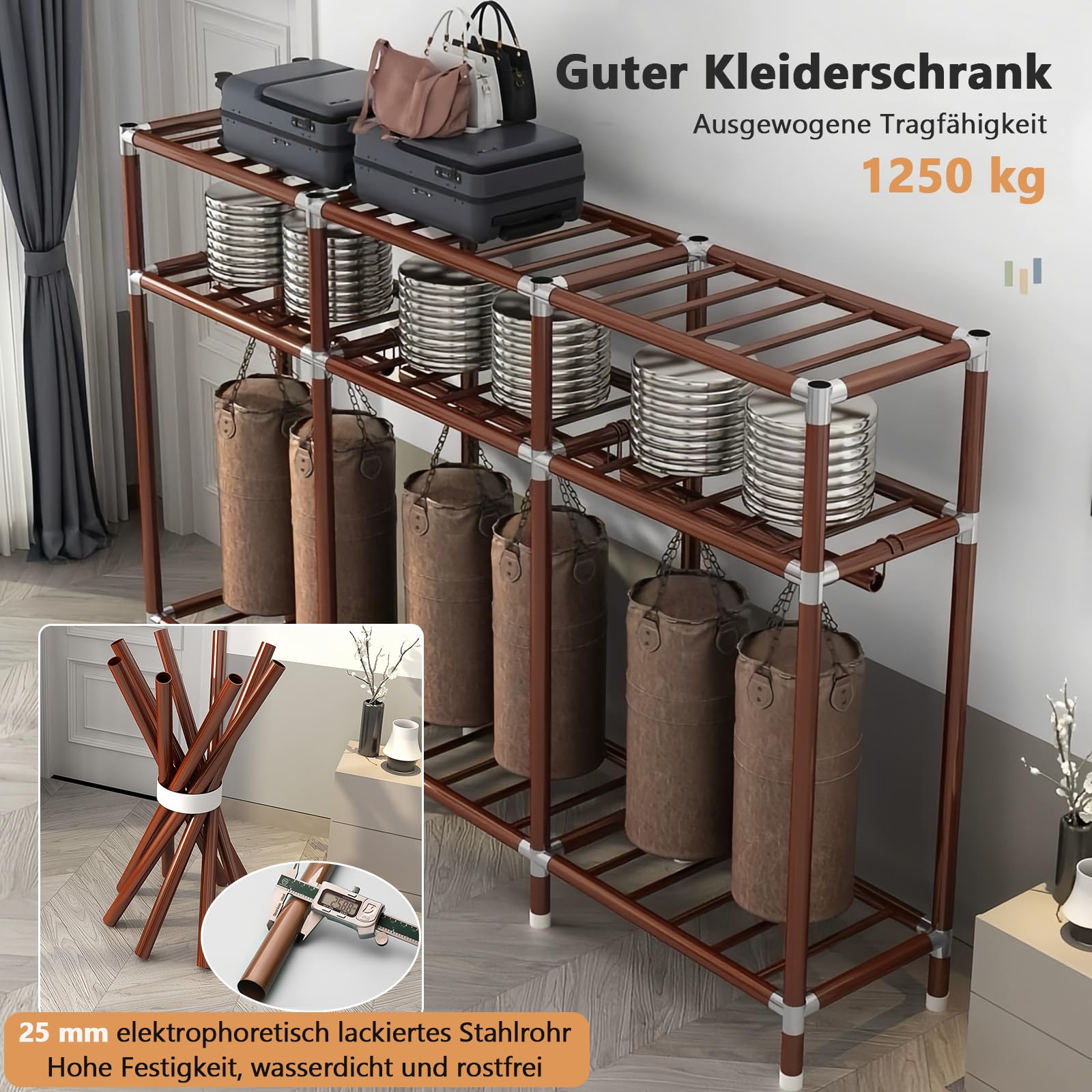 Kleiderschrank, Faltschrank Stoffschrank Stabil mit Dicker Satinstoff, 200x46x170 cm Schlafzimmerschrank mit Kleiderstange, Mobiler Kleiderschrank, Kleiderständer aus Metall, Freistehender