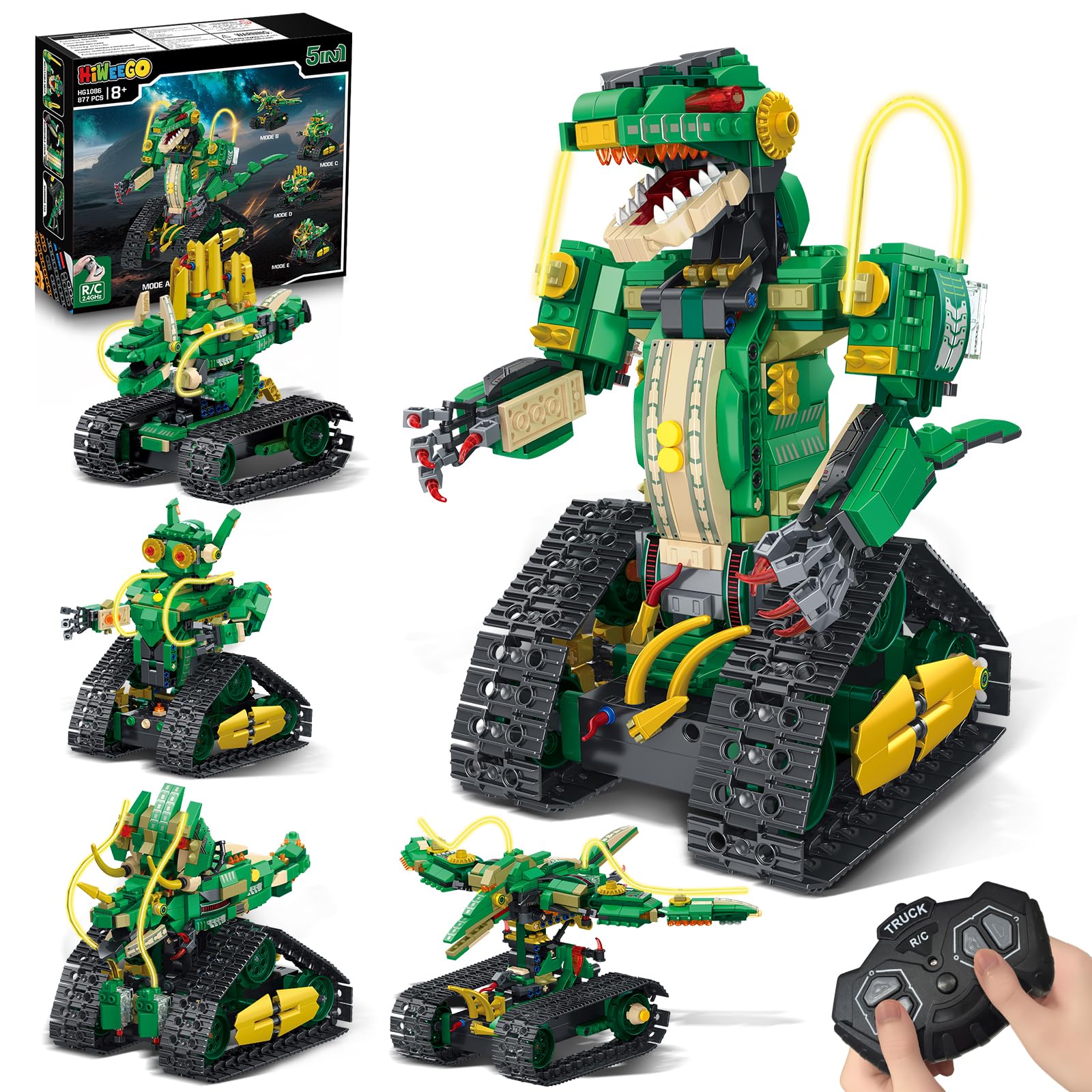 HiWEEGO Technik Roboter für Kinder mit Licht - 5 in 1 Dinosaurier Fernbedienung Bausatz, 877 Teile RC Robot Wiederaufladbar Spielzeug Geschenk für Jungen und Mädchen 8–12 Jahren