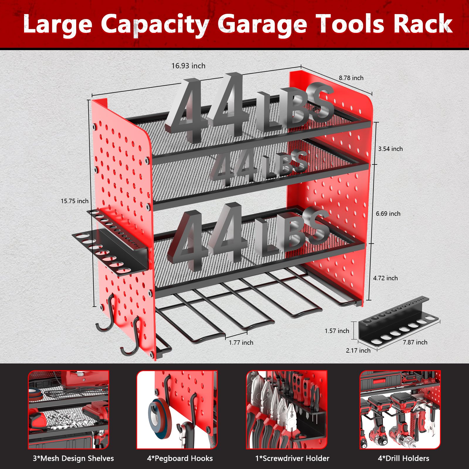 Organizer per utensili elettrici da parete a 4 strati, per l'organizzazione del garage, organizer per attrezzi da garage e stoccaggio con 4 supporti per trapano, 1 supporto per cacciavite, scaffale