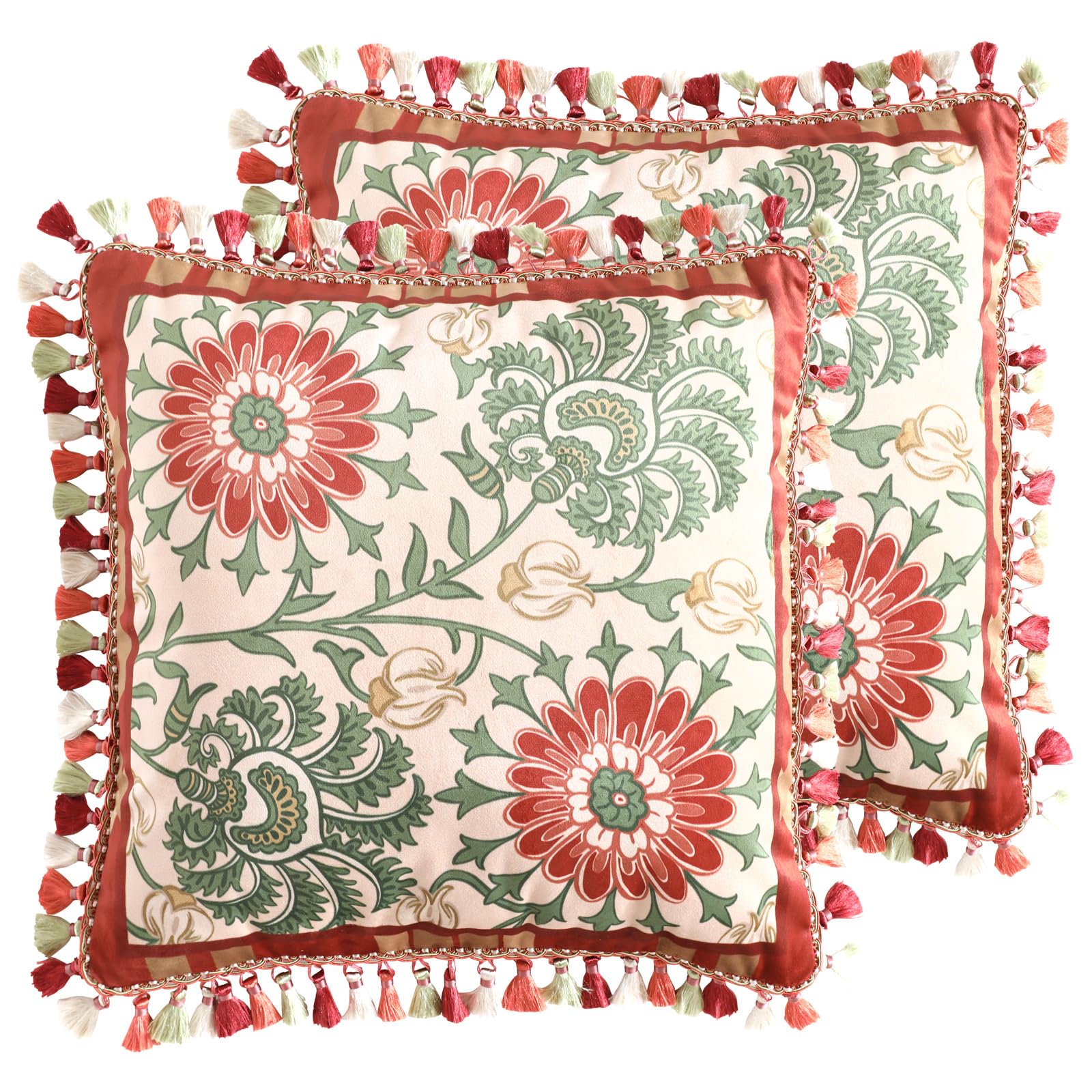 patdrea Designer Chinoiserie Throw Pillow Covers 18x18 Inch Pack of 2,Vintage Festive Red Velvet with Floral Striped Pattern,Decorative Square