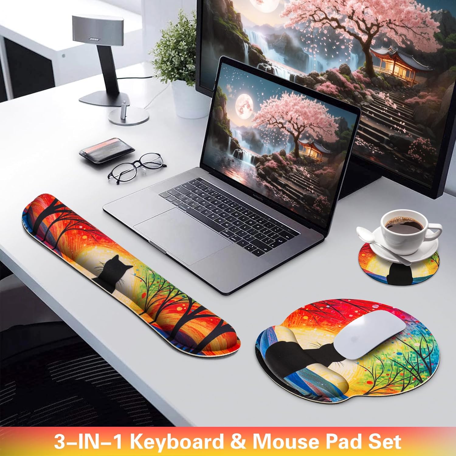 Mouse Pad with Wrist Rest Cute Black Cat Set,Qomolama 3-in-1 Wrist Support Mouse Pad Set,Gaming Mousepad with Anti-Skid Base,Ergonomic Mouse Pad,Memory Foam Keyboard Gel Wrist Rest Anime - Image 2
