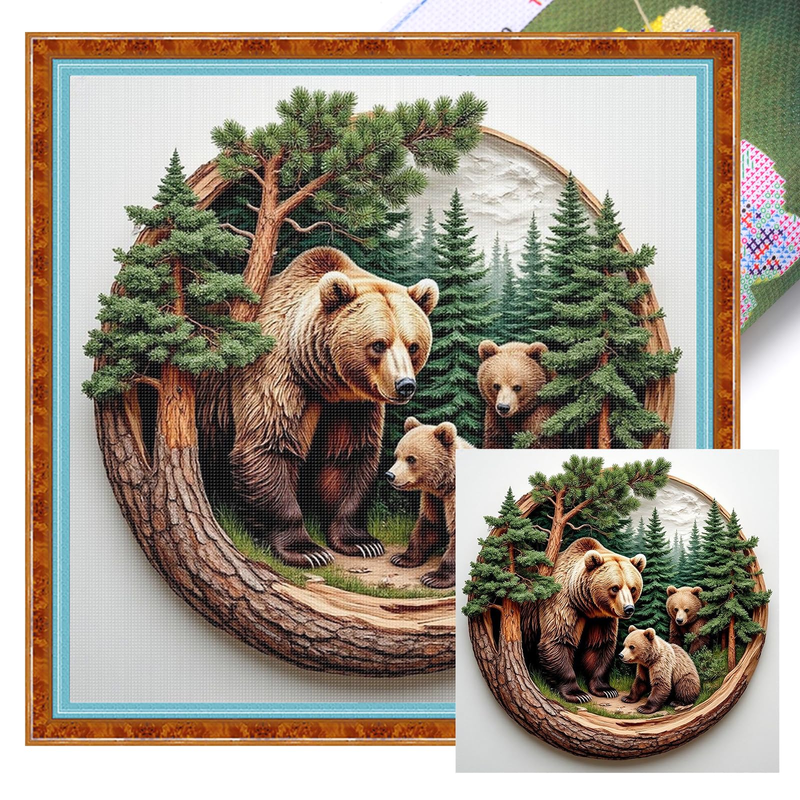 POETRYDRAW Bear Family Full 11CT 3 Strands DIY Stamped Embroidery Needlepoint Starter Kits 17.71x17.71inch Cross Stitch Art and Crafts Kits for Beginners Adults Home Decor (Bear Family)