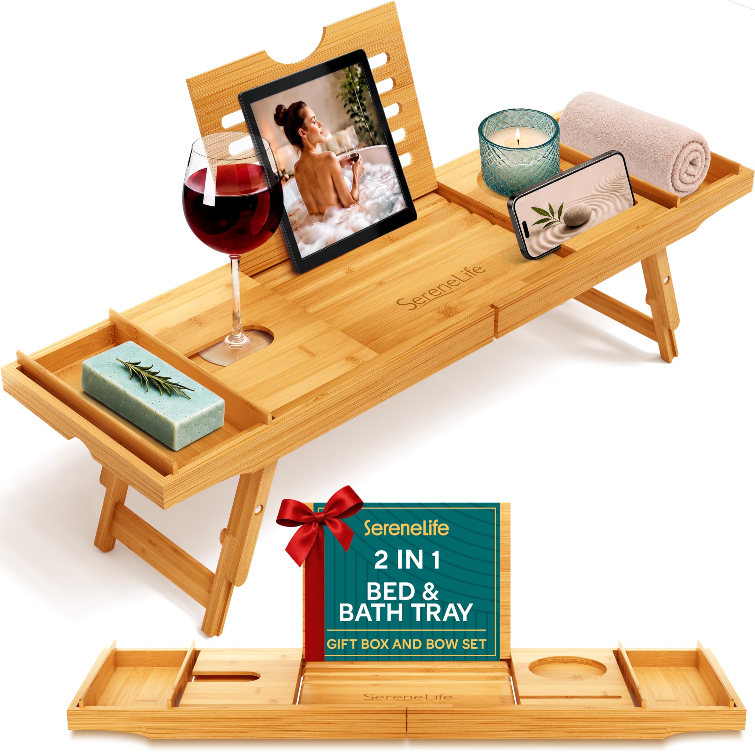 SereneLife Bath Caddy Breakfast Tray Combo with Gift Box-Natural Bamboo Wood Waterproof Bath Tub Caddy and Bed Tray with Folding Slide-Out Arms,Device Grooves,Wine Glass and Soap Holder, Natural, 2in1, Gift Set, 43"