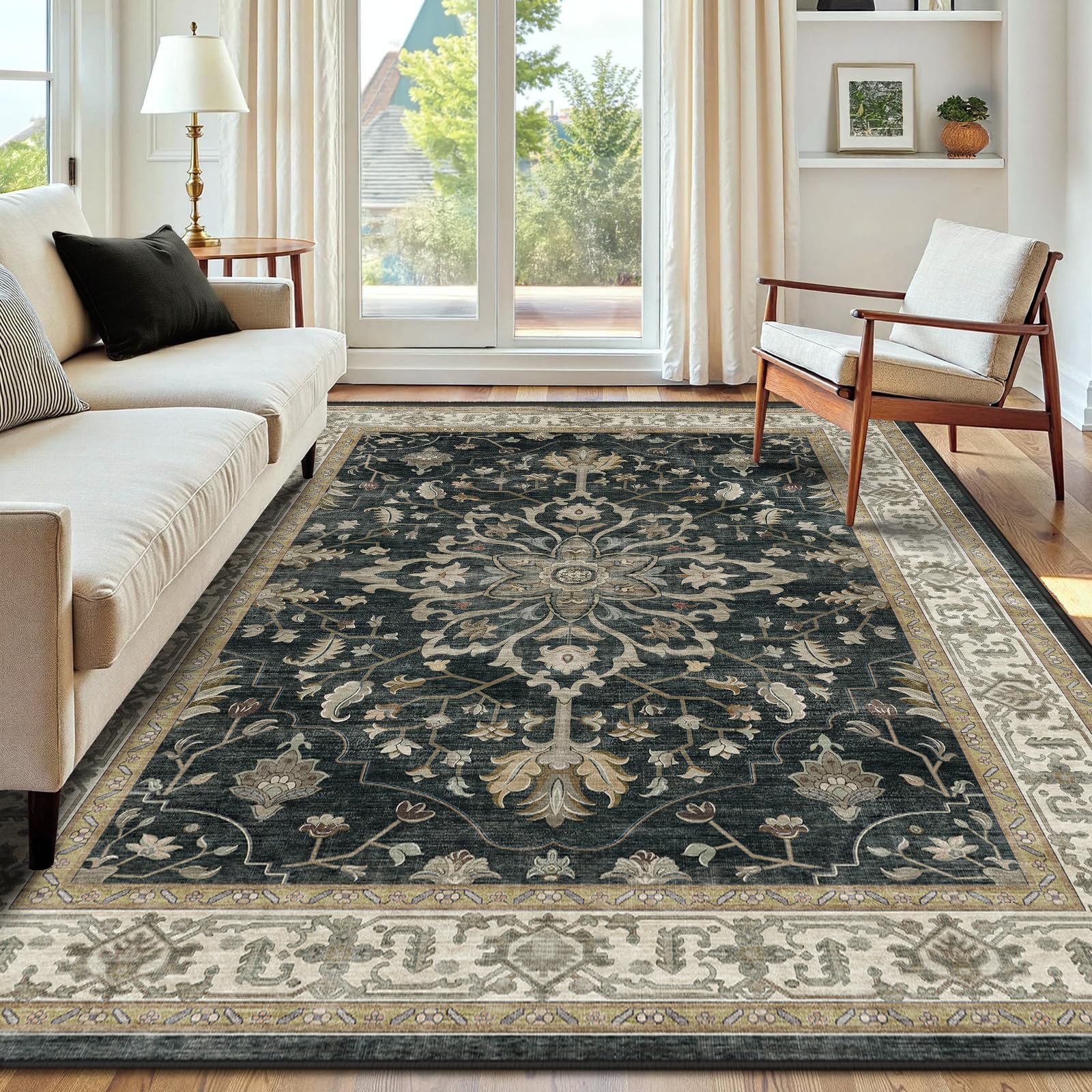 INOVADAY Vintage Waschbarer Teppich Wohnzimmer Boho Kurzflor rutschfest Teppich Weich Teppiche mit Druckmuster für Schlafzimmer, Esszimmer, Büro