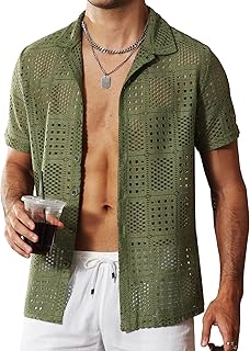 Mens Lace Shirt See Through Hollow Out Sheer Casual Short Sleeve Button Down Beach