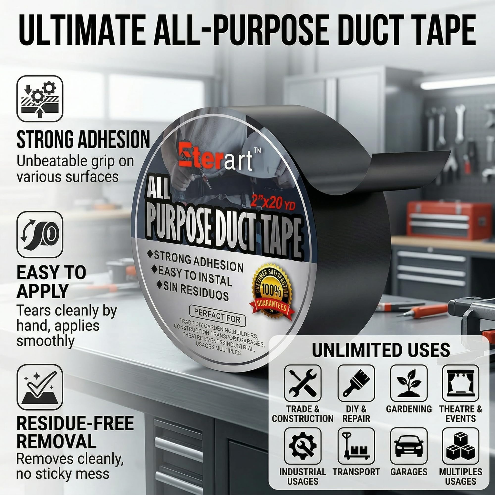 Eterart Cinta adhesiva Haevy Duty resistente industrial de máxima resistencia, cinta negra, sin residuos ni desgarros a mano, multiusos, uso en interiores y exteriores, 2 pulgadas x 20 yardas