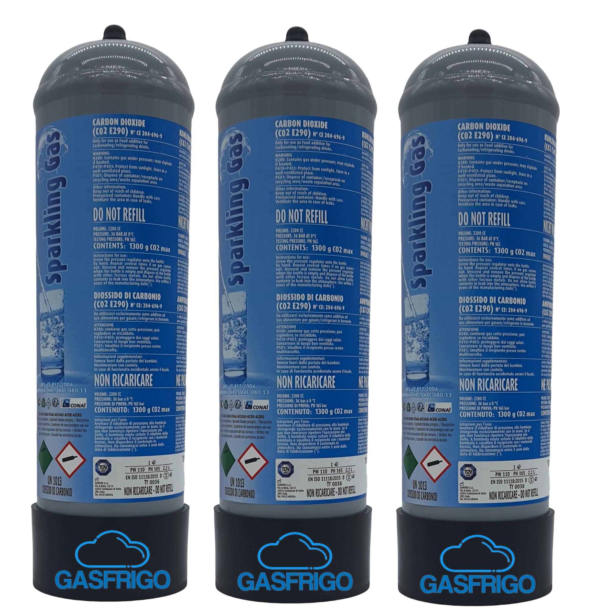 GASFRIGO® - N° 3 bombole CO2 monouso da 1300 gr. con supporto in plastica attacco M11x1 per erogatori acqua frizzante - MADE IN ITALY