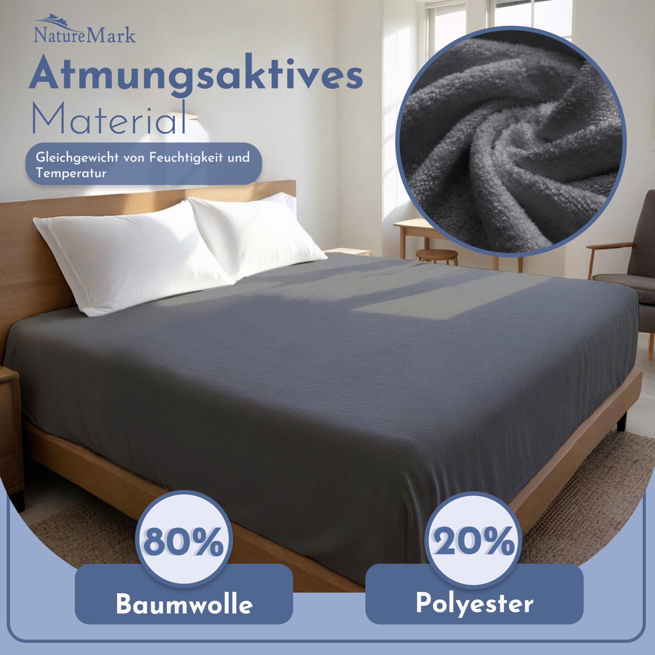NatureMark Prześcieradło z gumką frotte – miękkie i oddychające, przyjazne dla skóry, praktyczne i łatwe w pielęgnacji, trwałe i wytrzymałe, 80% bawełna i 20% poliester, 200 x 220 cm