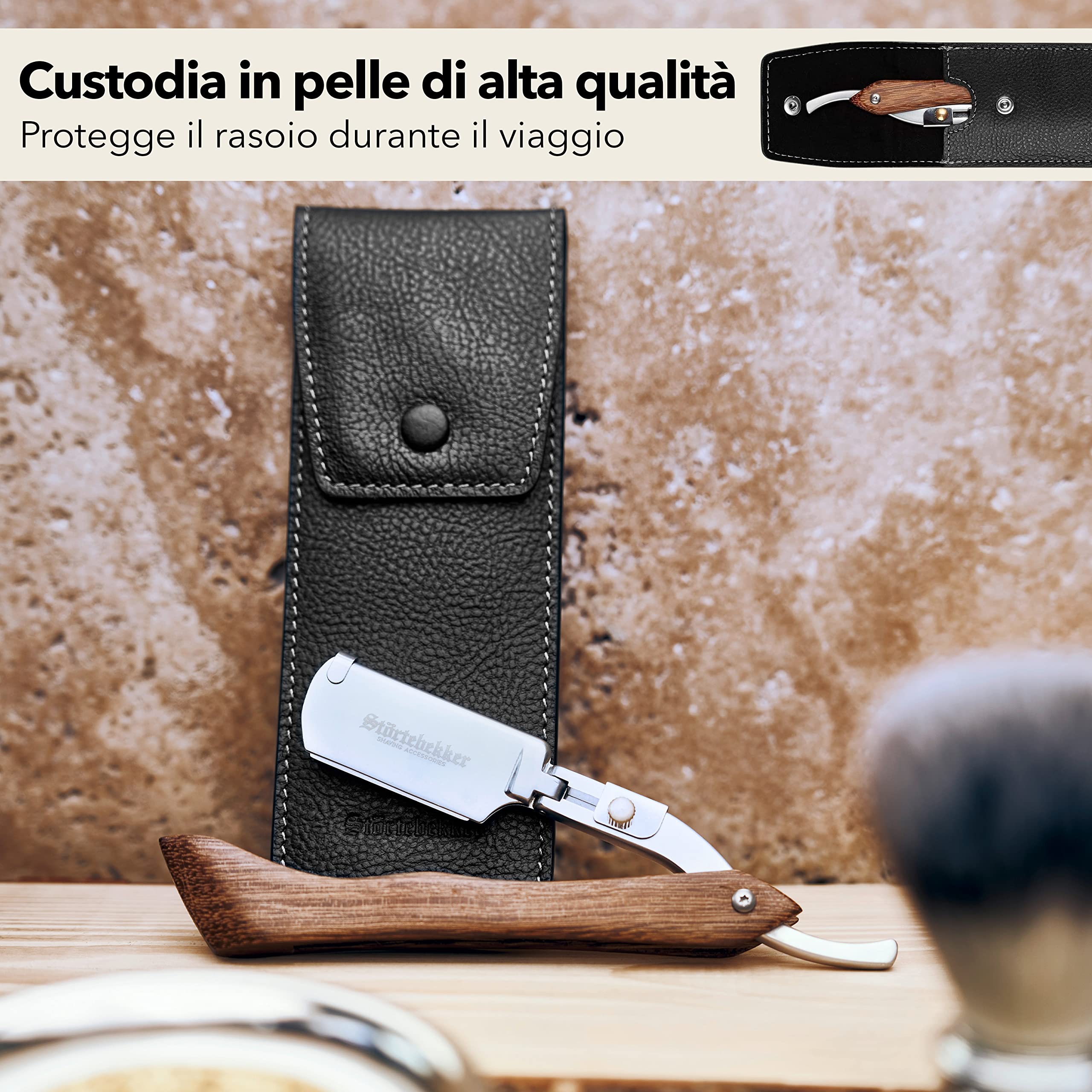 Störtebekker Rasoio con manico in legno, in custodia in pelle fatta a mano, con pennello & 10 lame - Set di coltelli da barba - rasoi a umido di qualità premium - rasoio a mano libera (Legno - Nero)