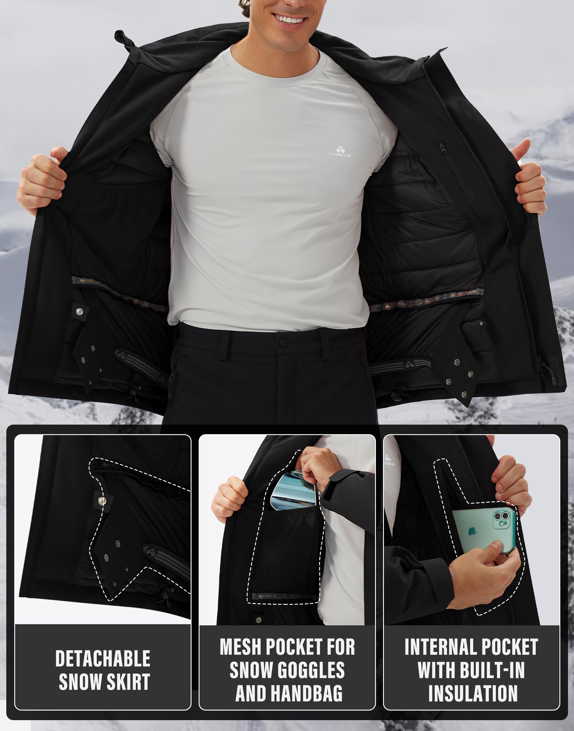 Giacca da sci da uomo, impermeabile, calda, traspirante, da snowboard, con cappuccio