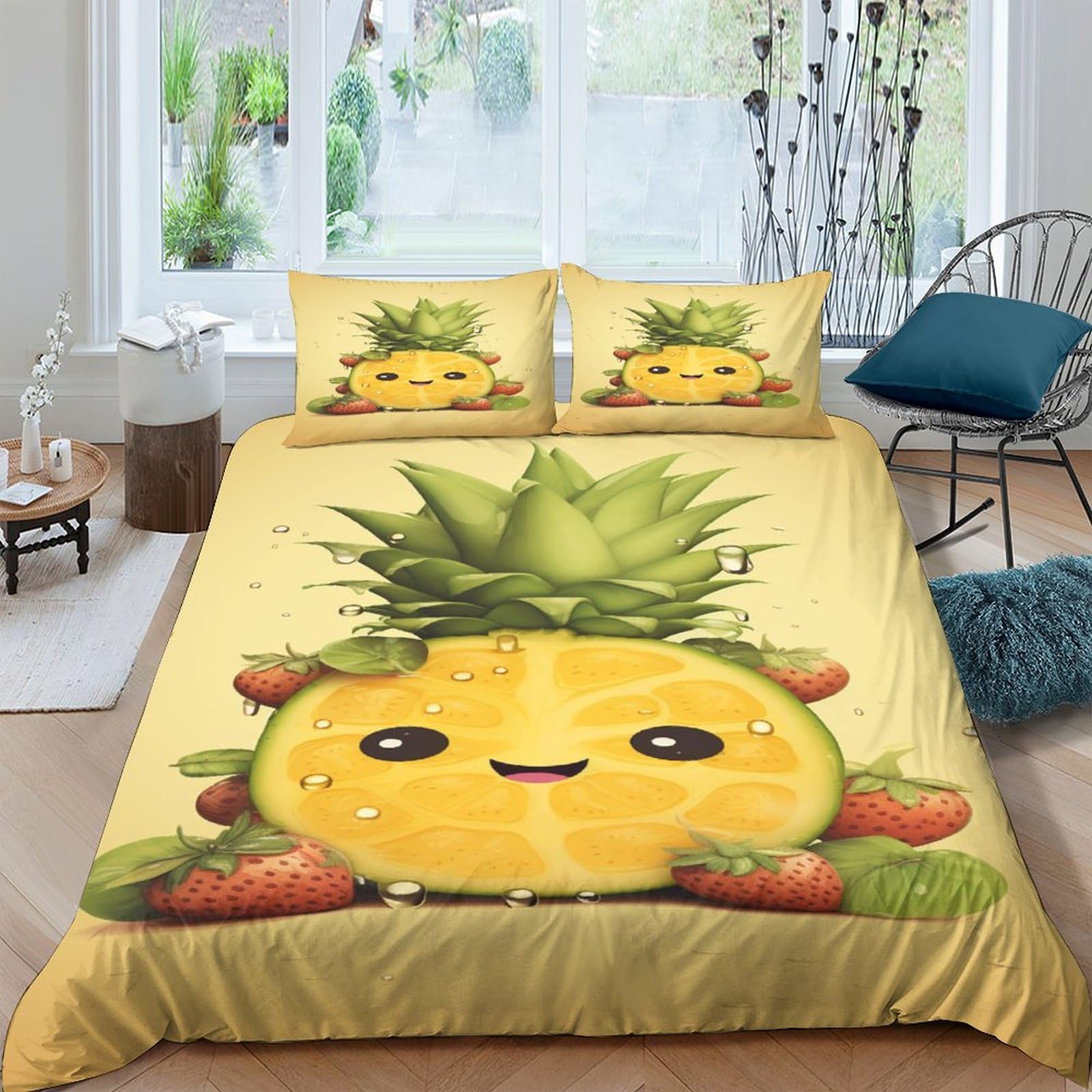 Housse de couette enfant garçon fille parure de lit 3 pièces ananas