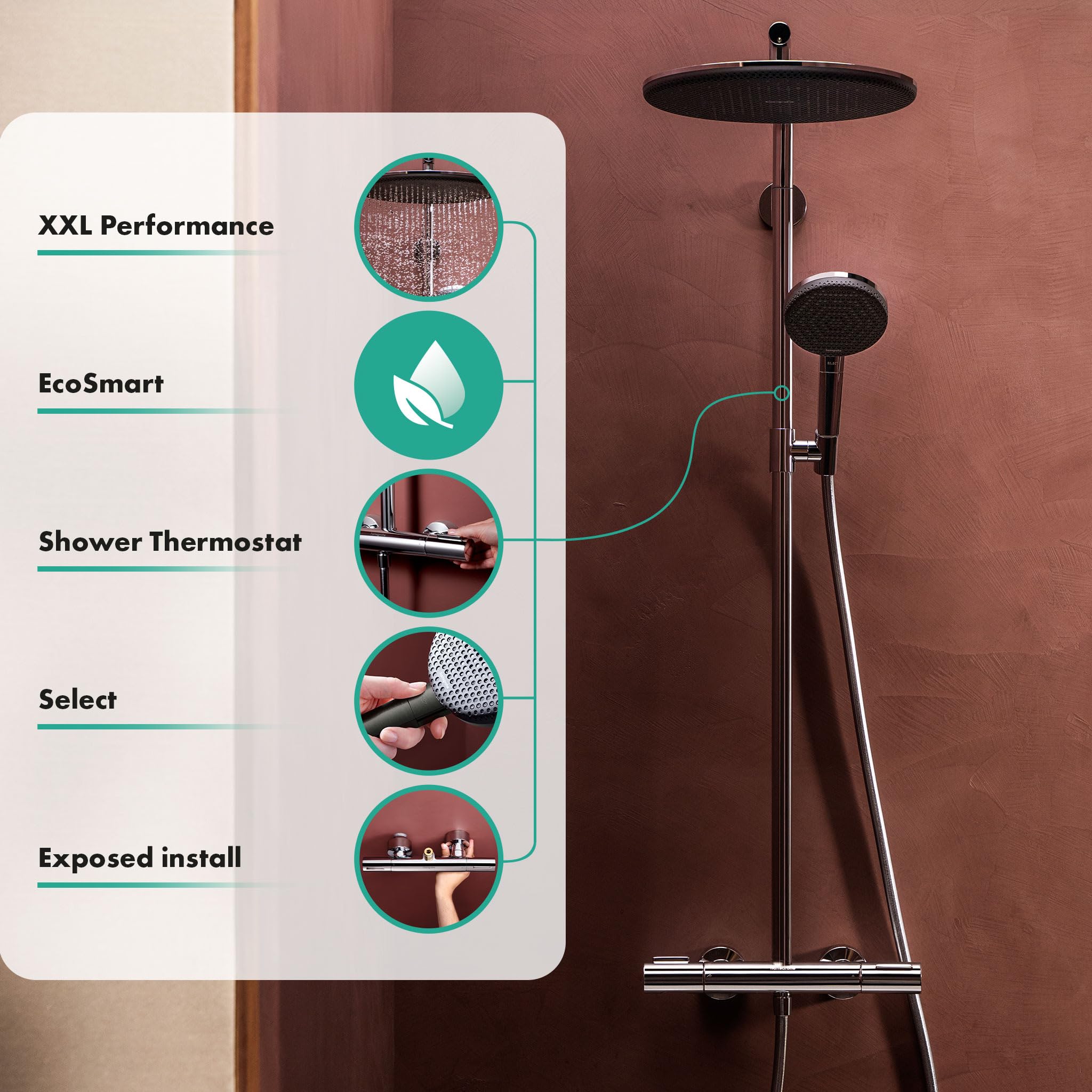hansgrohe Raindance Alive S Puro - wassersparendes Duschsystem (EcoSmart) mit Thermostat, Regendusche mit Armatur, Handbrause, Schlauch, Brausestange und Kopfbrause, Brushed Black Chrome, 24593340