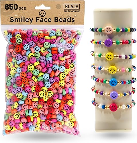 650 cuentas de cara sonriente, 0.27 x 0.157 pulgadas, paquete grande | Cuentas coloridas mezcladas, cuentas de cara feliz para manualidades, joyas,