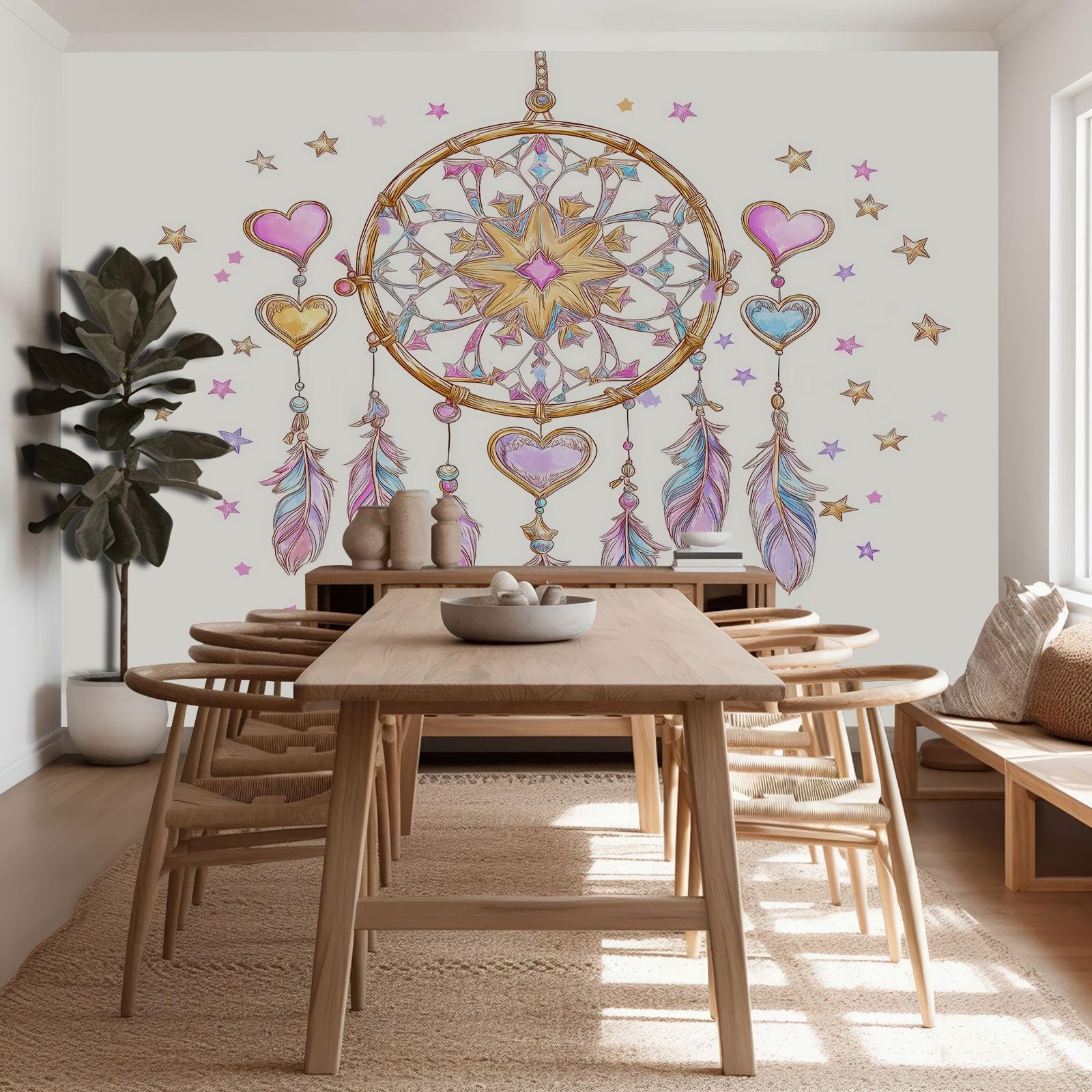 Biała fototapeta 3D, tapeta na fizelinie, dekoracja ścienna z efektem 5D (250 x 175 cm (szer. x wys.) – surrealizm, łapacz snów, śliczne gwiazdki, panoramiczny obraz ścienny dla dziewcząt i chłopców