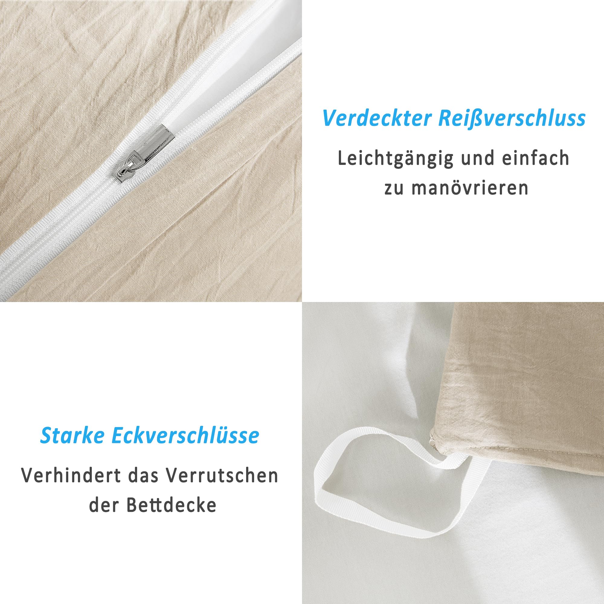ATsense Ropa de cama 135 x 200 algodón 4 piezas, juegos de ropa de cama lavado en piedra color topo claro similar al lino, Oeko-TEX, hipoalergénico y transpirable, 2 fundas nórdicas y 2 fundas de
