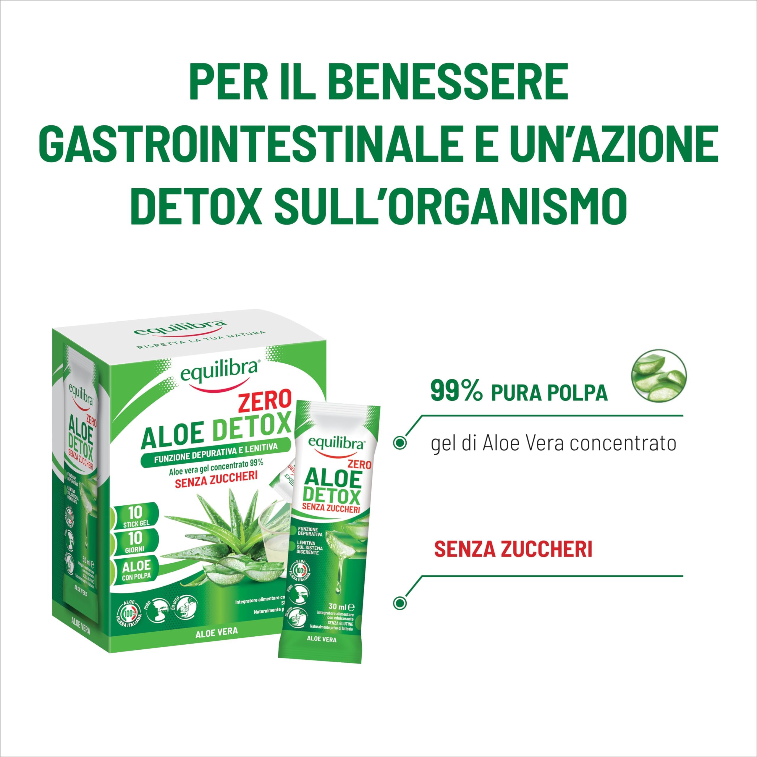 Equilibra Aloe Detox Zero, Aloe Vera Gel Concentrate 99%, 10 x 30 ml  Sticks, 100% Italian Pulp, Sugar Free, Purifying and Soothing Function, to  Drink Pure or Diluted in Water : Amazon.it: Health & Household