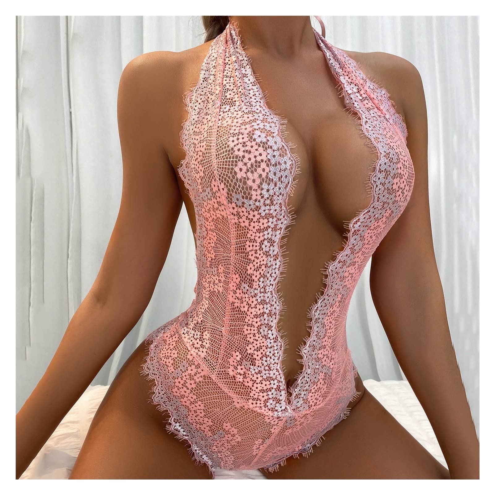 Intimo da Donna Sensuale con Ricami in Pizzo Rosa Intimo da Donna Senza Schienale Sexy con Scollo a V Profondo (Color : A, Size : L Code)