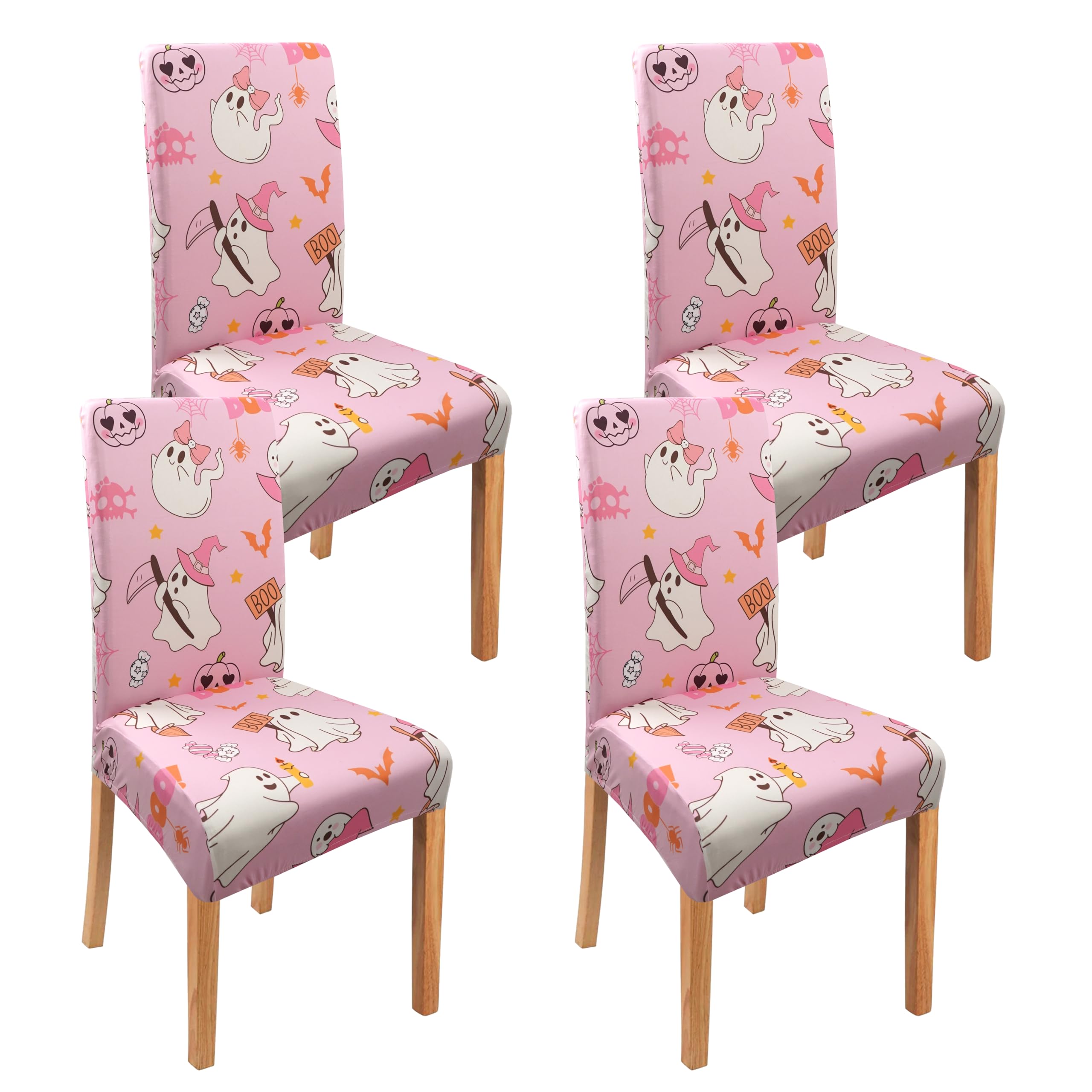 qwpmvhsak Halloween Chair Covers Set of 4, Cute Pumpkin Ghost Dining Chair Protectors, Pink Elastic Removable Washable Boo Dining Chair Covers,