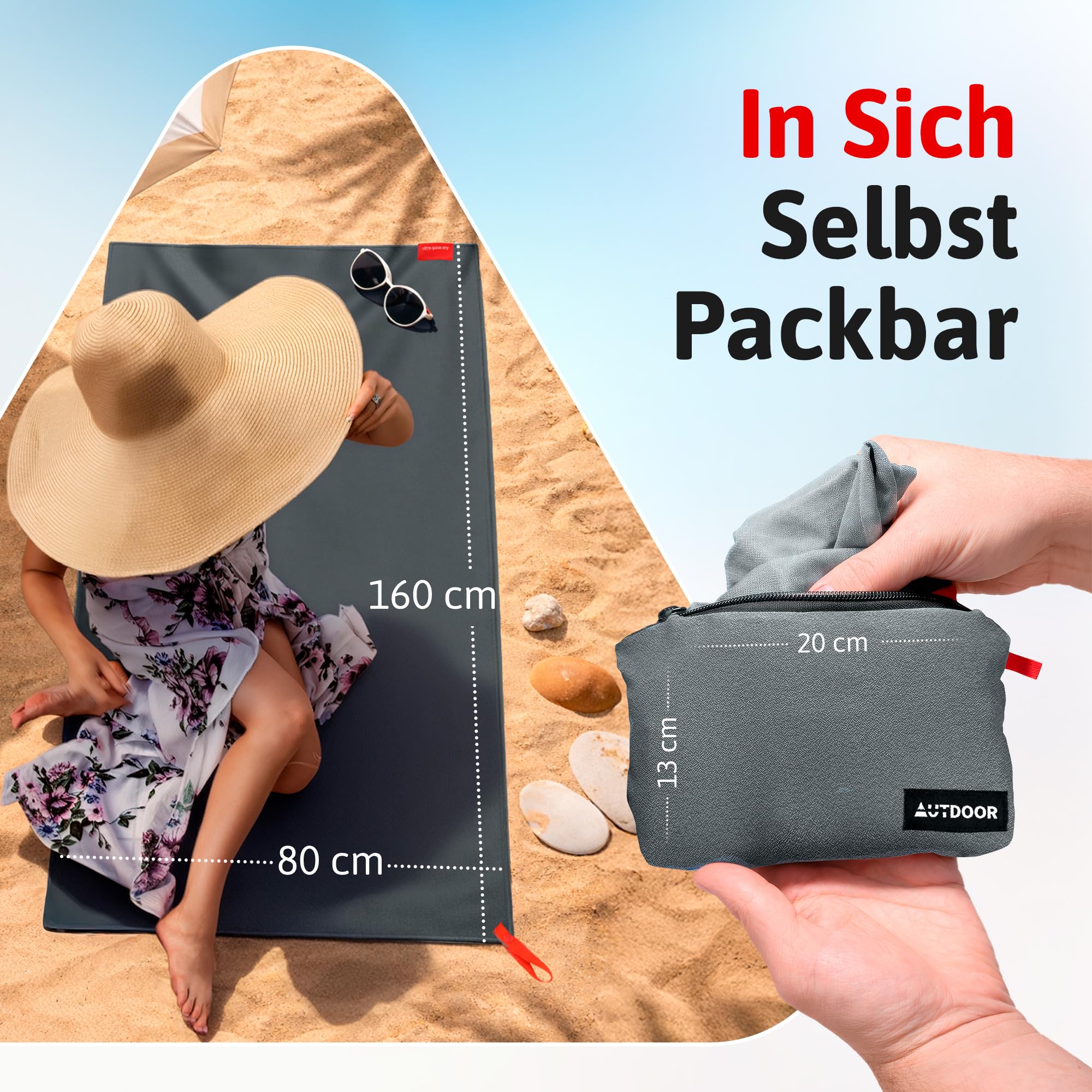 AUTDOOR® Nanofaser Reisehandtuch 160×80 cm – Ultraleicht & extra kompakt – extrem saugstark, schnelltrocknend & Oeko-Tex – Premium Handtuch für Reisen, Strand & Sport