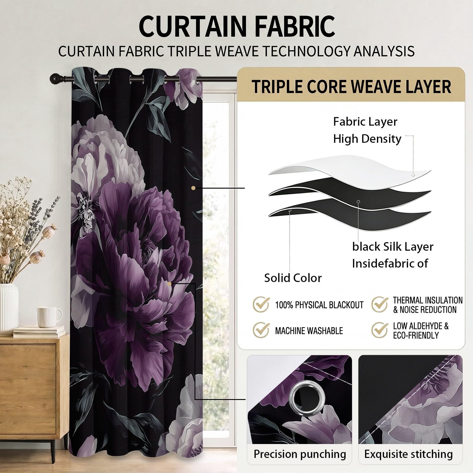Rideaux Occultants Plante Floral 75L X 166H cm (2 Panneaux), Isolation Thermique Fixation par Oeillets Pivoines Gothiques pour Chambre À Coucher, Noir Violet