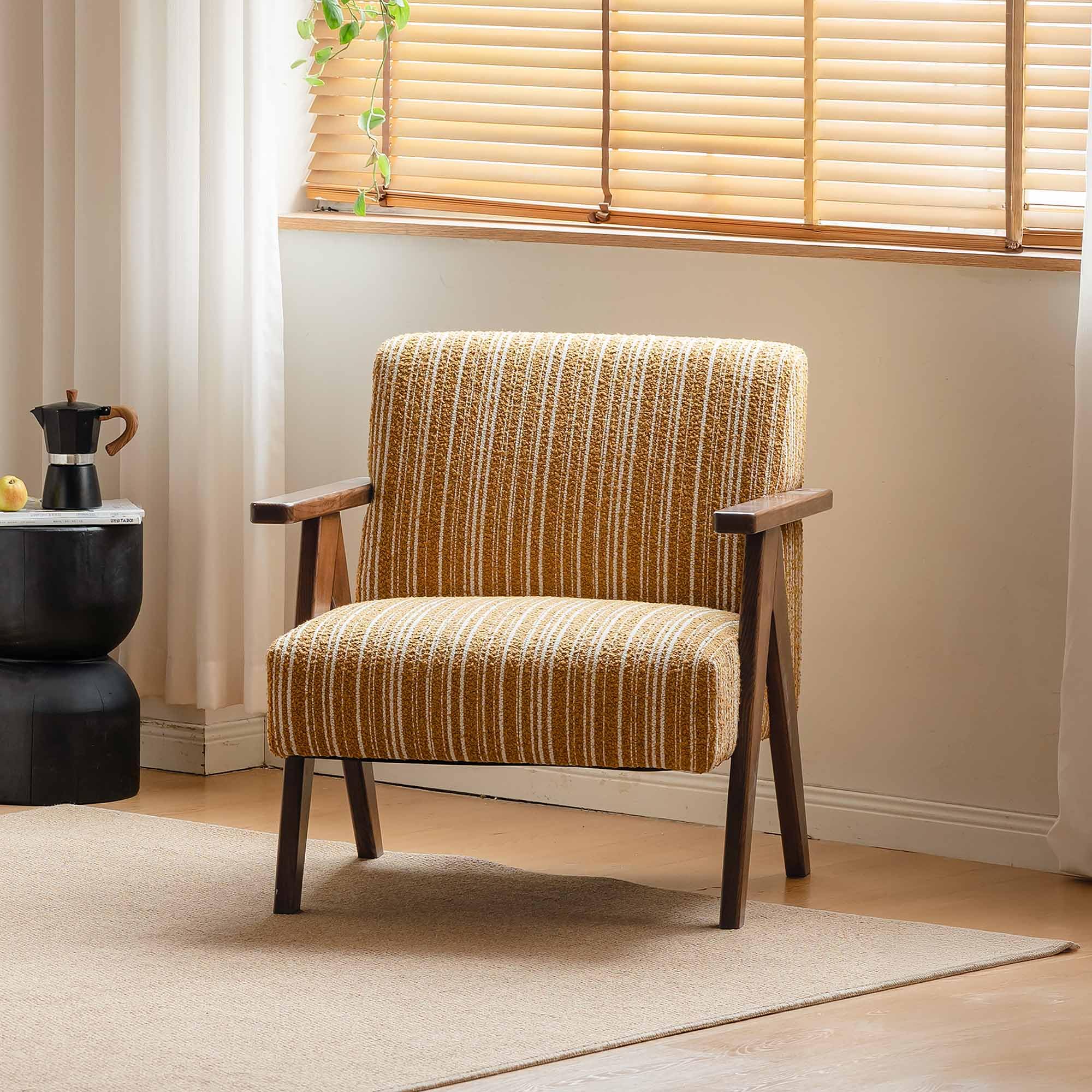 Poltrona da salotto in legno, stile retrò, con ampia seduta imbottita e design a righe, per soggiorno, camera da letto, ufficio, casa