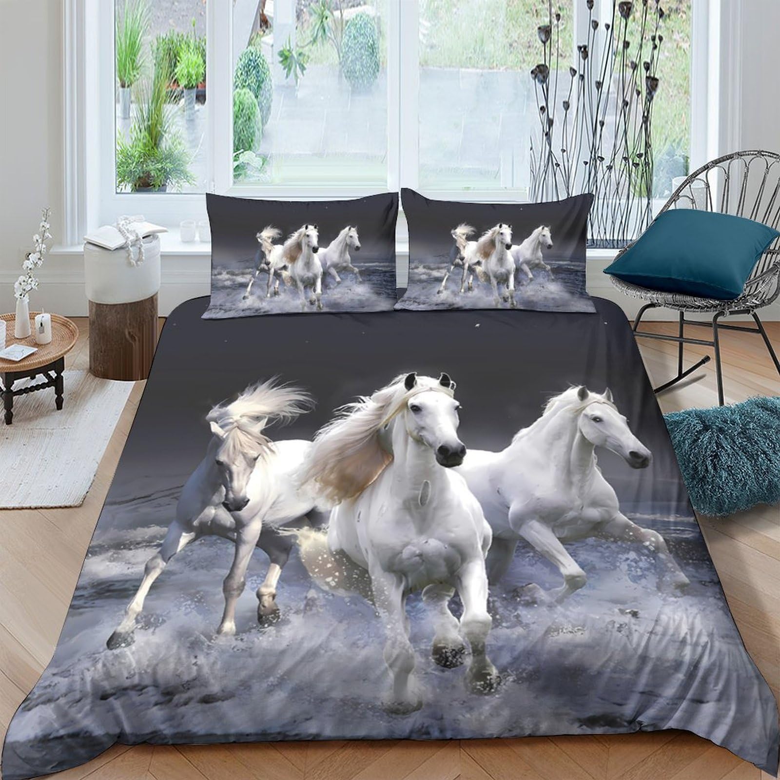 Ctjqhvkz Style-3 3D Printed Running White Horses Fitted Sheet Microfiber Soft Breathable Galloping Horse Mattress Cover Bedroom Decor Single（135X200cm）