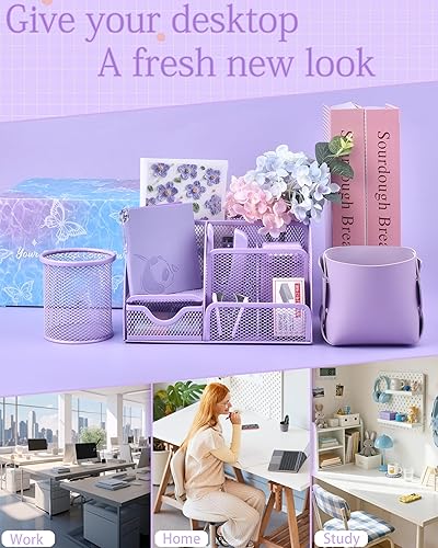 Miniatura 7 de 23pc Purple Desk Accessories and Organizers with Mesh Organizer Stapler Tape Dispenser Calculator and a Lot of Office Purple Office Supplies