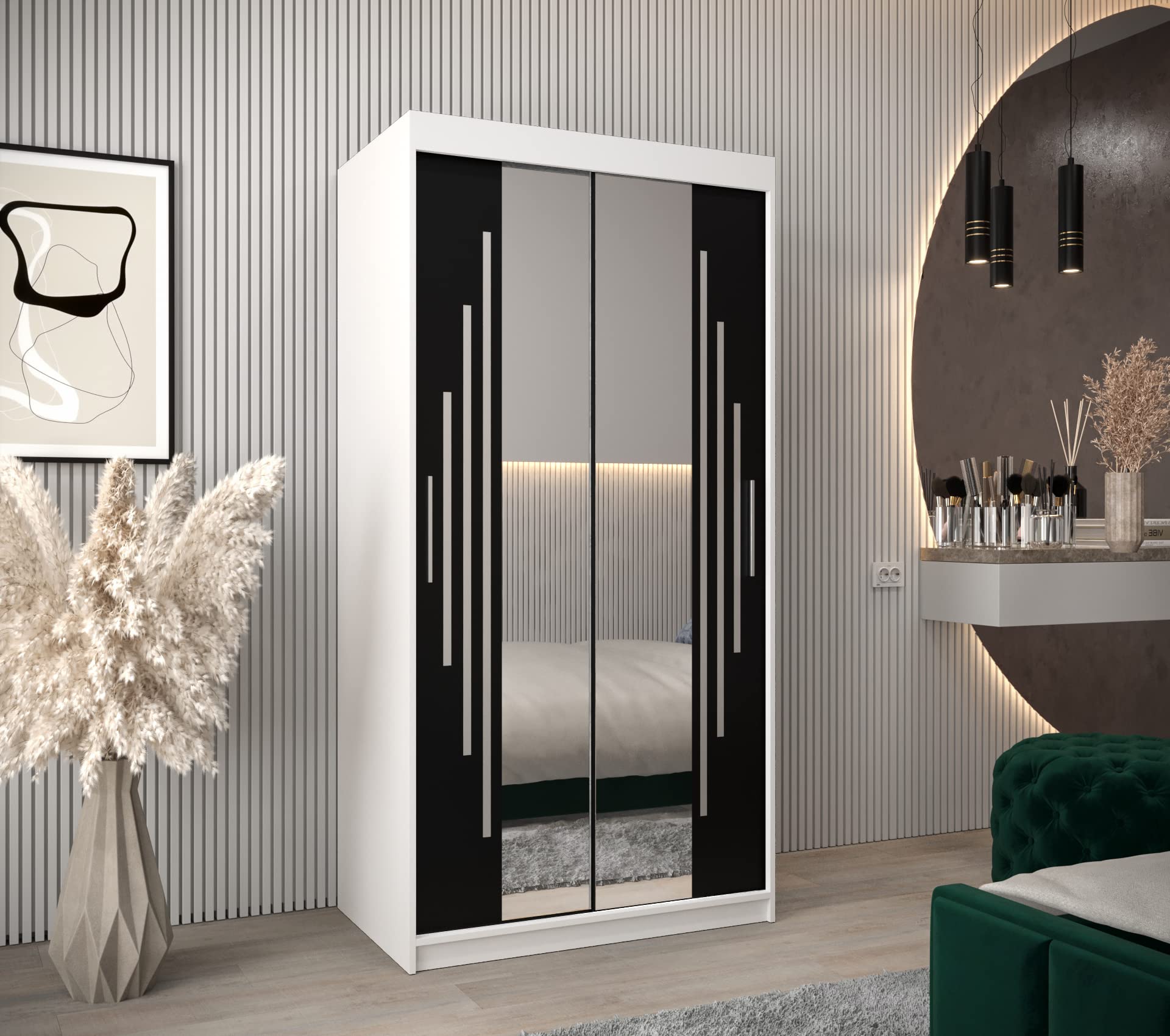Armadio Scorrevole ABIKSMEBLE Verona 2 100 | 2 Ante Con Specchio | 100x200x62 Cm | Nero Opaco | Con Ripiani E Barra Appendiabiti