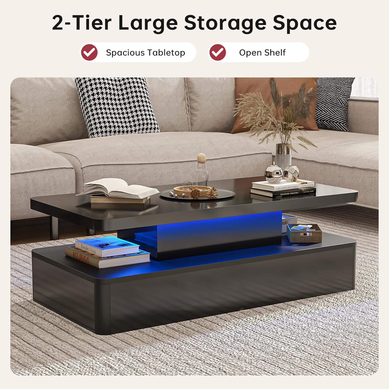 oneinmil Modern LED Coffee Table, 40" Living Room Tables with 16 Colors LED Lights, Double-Layer Design, Stylish Coffee Tables for Living Room, Black