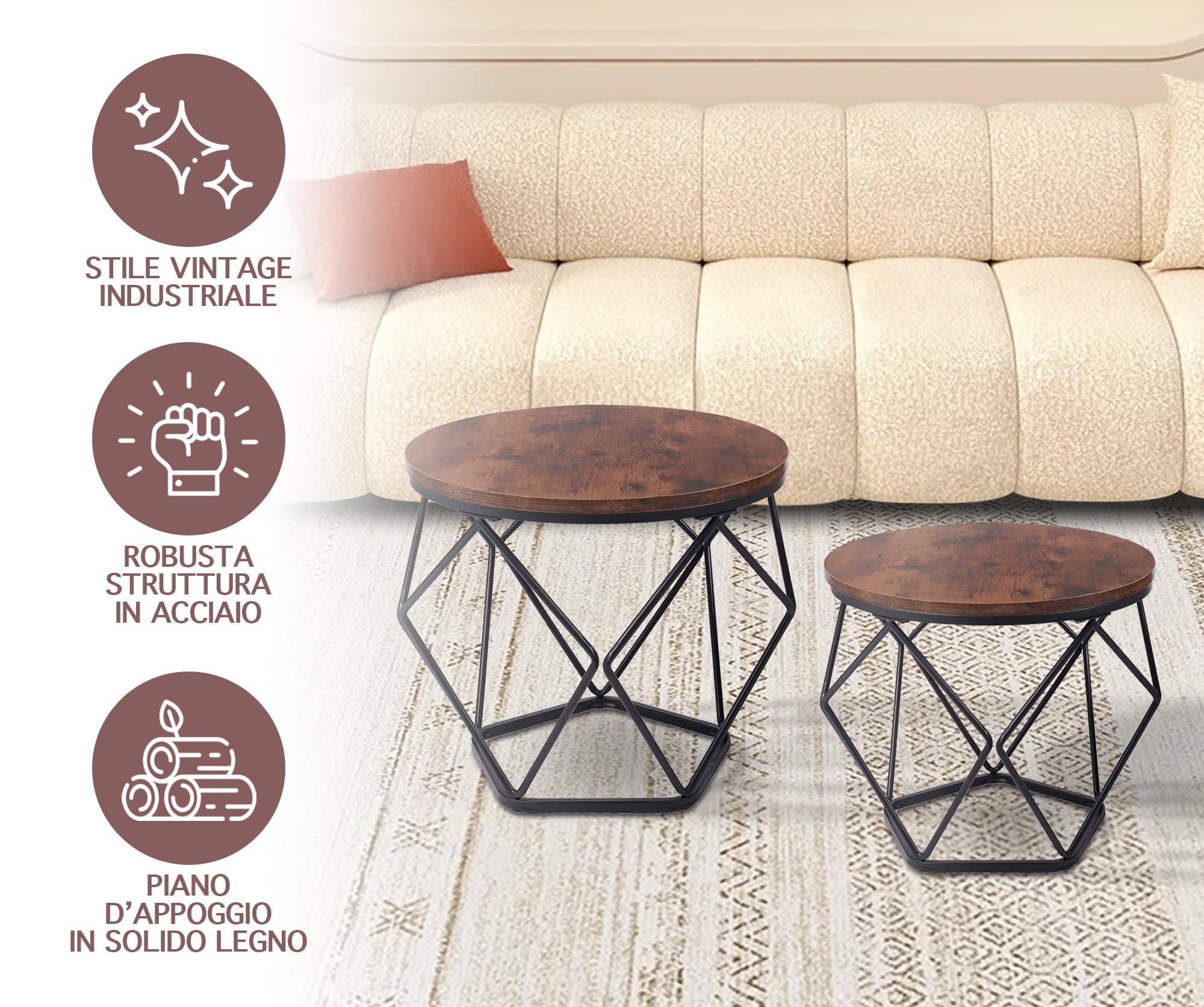 IlGruppone Set 2 Pezzi Tavolino Da Caffè Rotondo Set Di 2 Tavolini Ad Incastro Stile Vintage Industriale Piano Removibile Struttura In Acciaio Mobile Adatto Per Soggiorno Vano Porta Oggetti