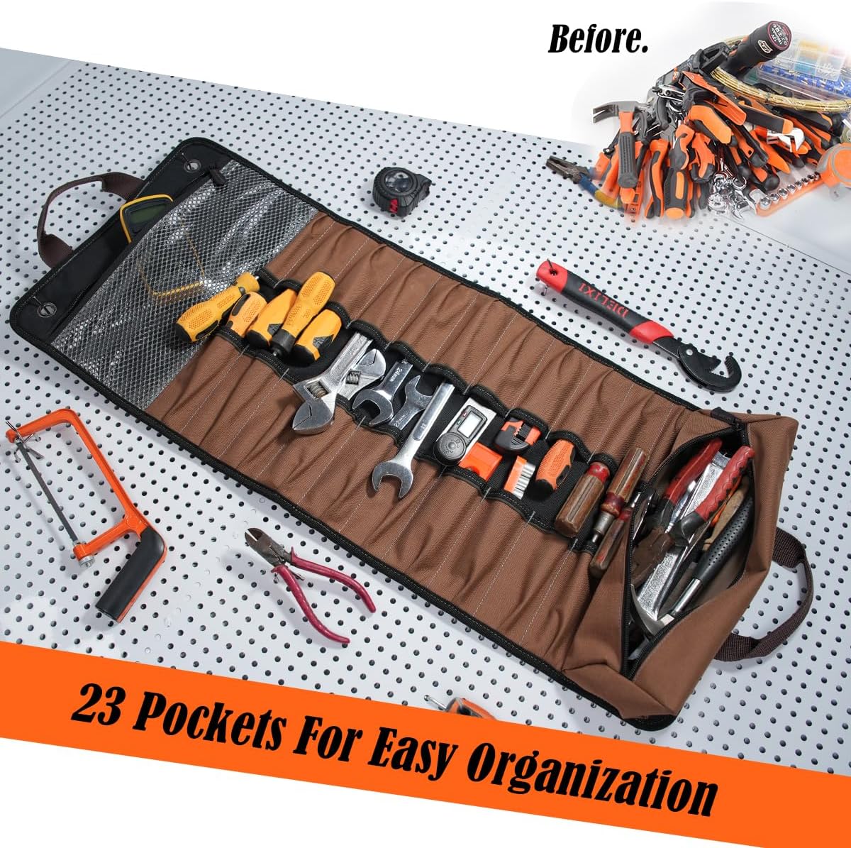 WELKINLAND 23-Pocket Canvas Tool Roll, Heavy-Duty Tool Wrap Roll, Waterproof Canvas Roll Up Tool Bag, 14'' Tool Roll Bag Organizers, Easy-Access Screwdriver Roll Up Pouch