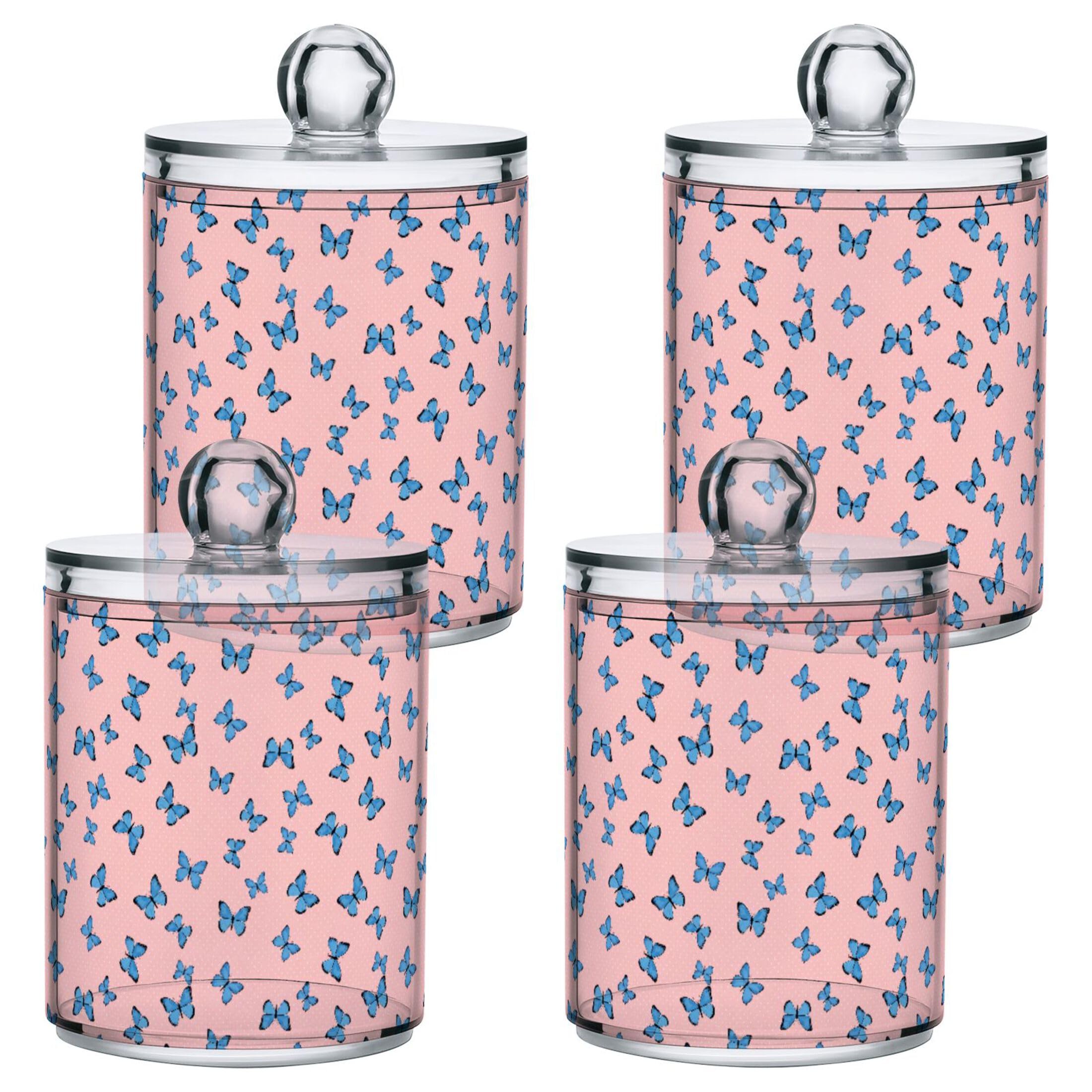Fuauuyl Butterfly Qtip Holder Dispenser 4 Pack Plastic Apothecary Jar Storage Organization Bathroom Vanity Makeup Storage Organization for Cotton Ball Swab Pad