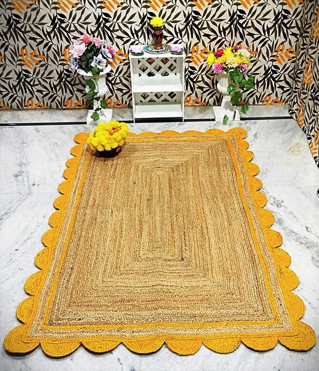 Handmade Braided Natural Jute with Yellow Scalloped Design Area Rug, Home Décor Rug, Jute Rug for Bedroom, Dining Room, Living Room, Doormat Rug Size - 5' Square (150 cm x 150 cm) — image 1