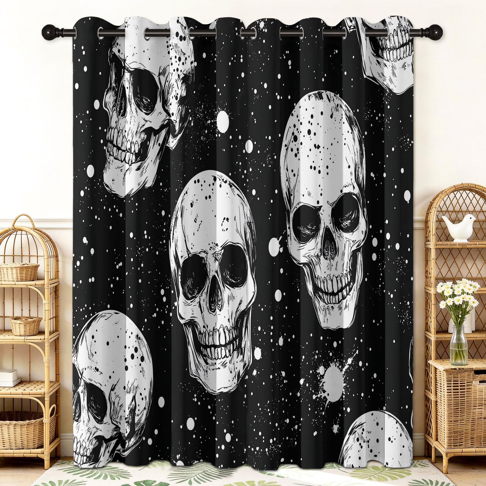 Komiksowe zasłony zaciemniające z nadrukiem 3D z motywem czaszki, gotyckie, 336 x 229 cm, izolacja termiczna, redukcja hałasu, zasłony okienne do sypialni dziecięcej, salonu, czarne