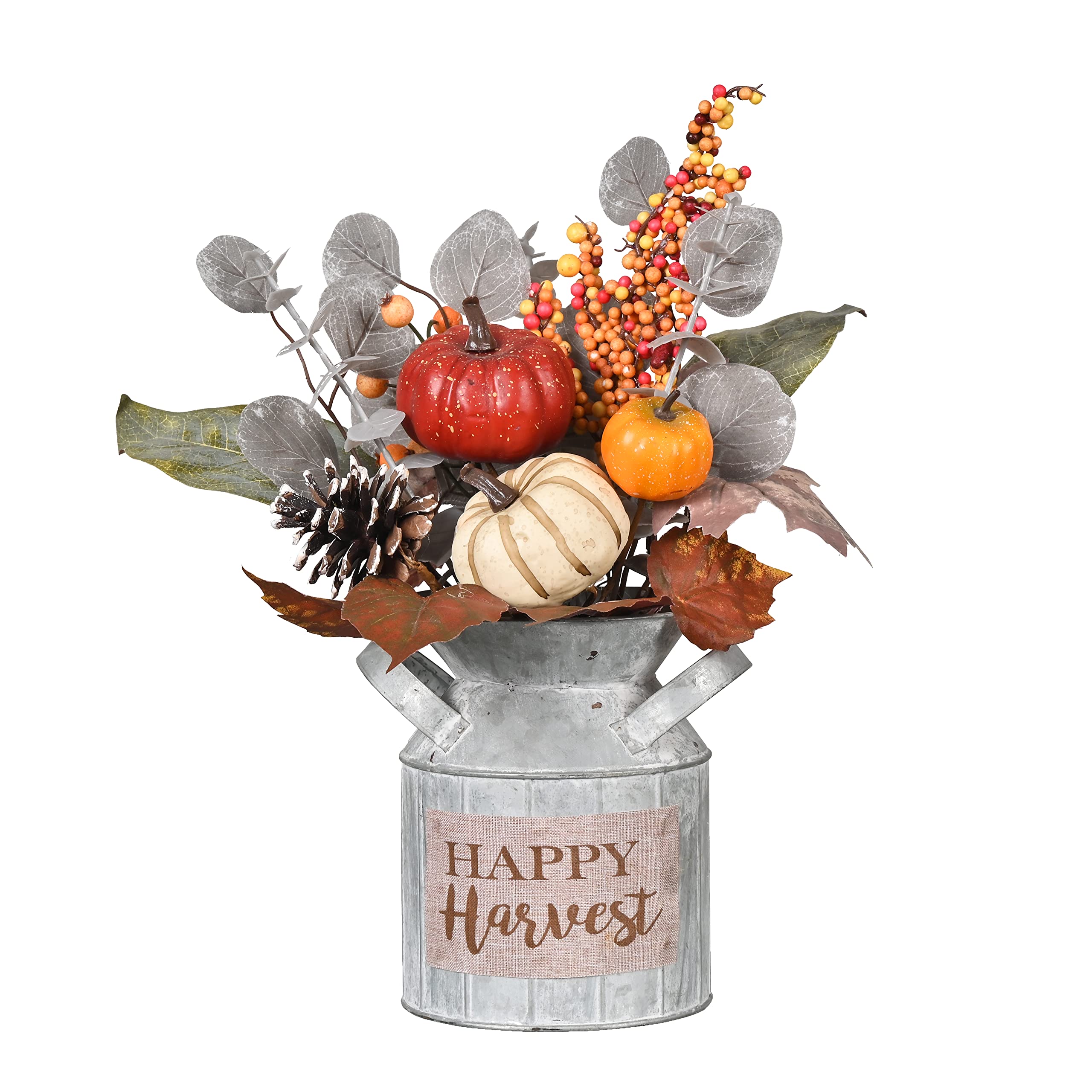 Valery Madelyn Fall Decor Pumpkin Arrangement, with Eucalyptus Leaves Hawthorn Acorn Pine Cone Maple Leaves in Metal Planter for Table Centerpieces Autumn Harvest Thanksgiving Home Decoration