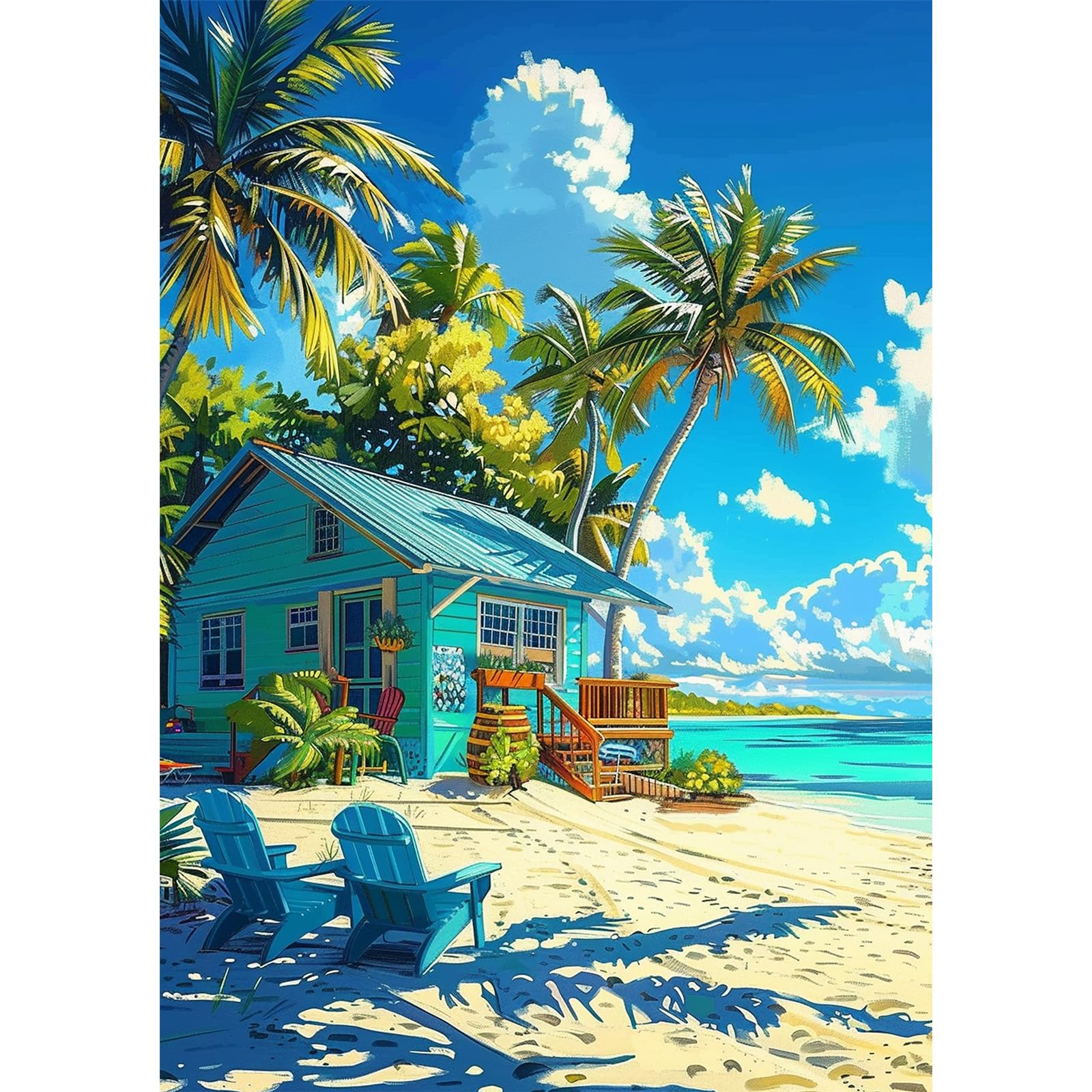 NEWENMO Blue Beach House Diamond Painting Kits for Adults,5D Palm Trees Diamond Art,Rocking Chairs Diamant Painting,DIY Full Drill Gem Art Kits for Adults Beginners,for Home Decoration-30x40cm