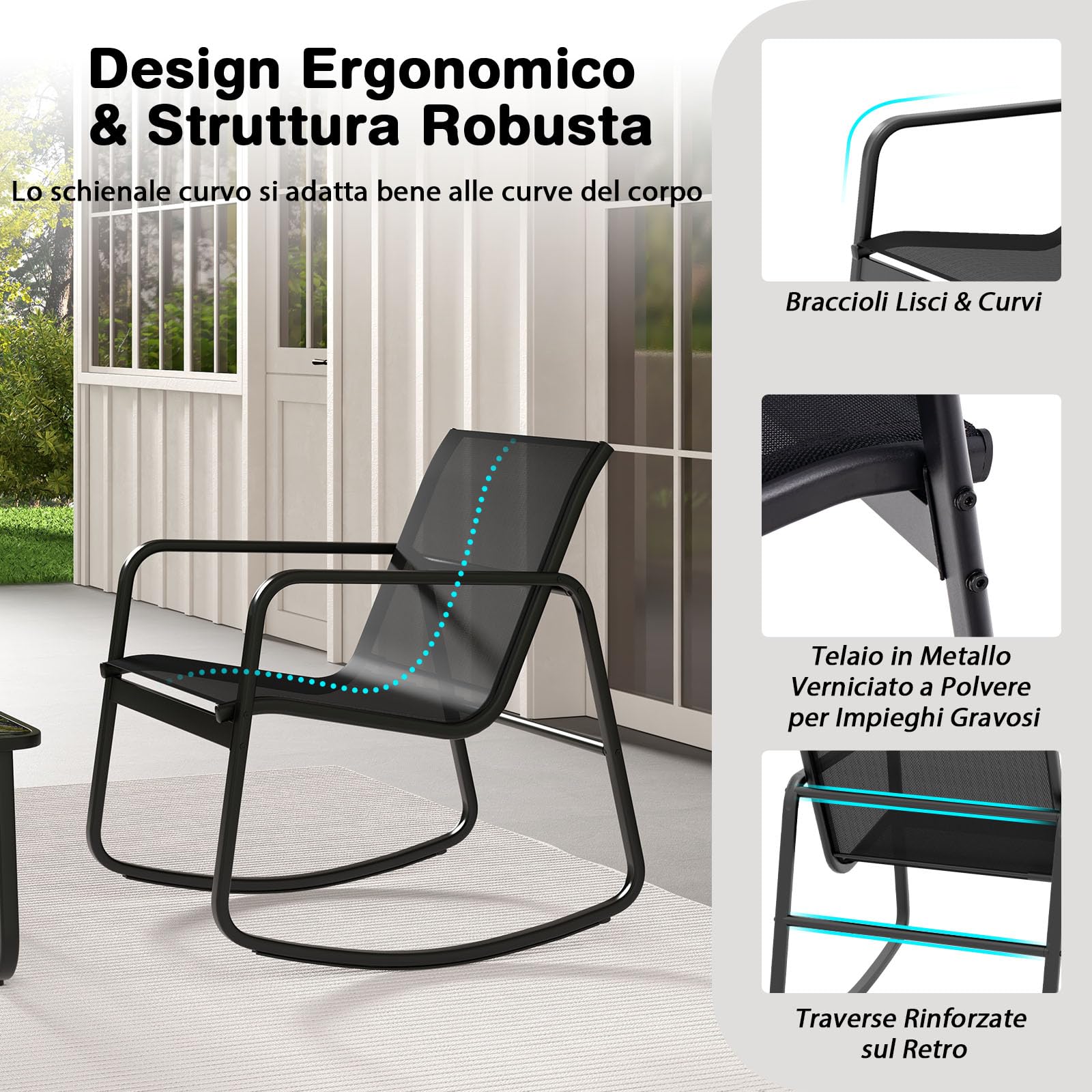 GYMAX Set di Mobili da Giardino 3PCS, 2 Sedie a Dondolo con Tavolino in Vetro, Piccolo Set da Patio con Movimento a Dondolo Fluido, Strisce Antiscivolo, per Portico Esterno, Cortile e Balcone