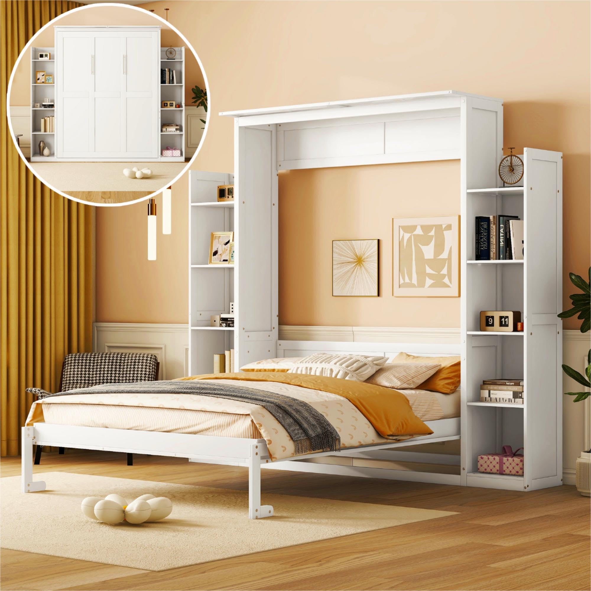 Queen Murphy Bed With Sofa & LED Lights - Solid Wood Folding Wall Bed Cabinet, Space Saver