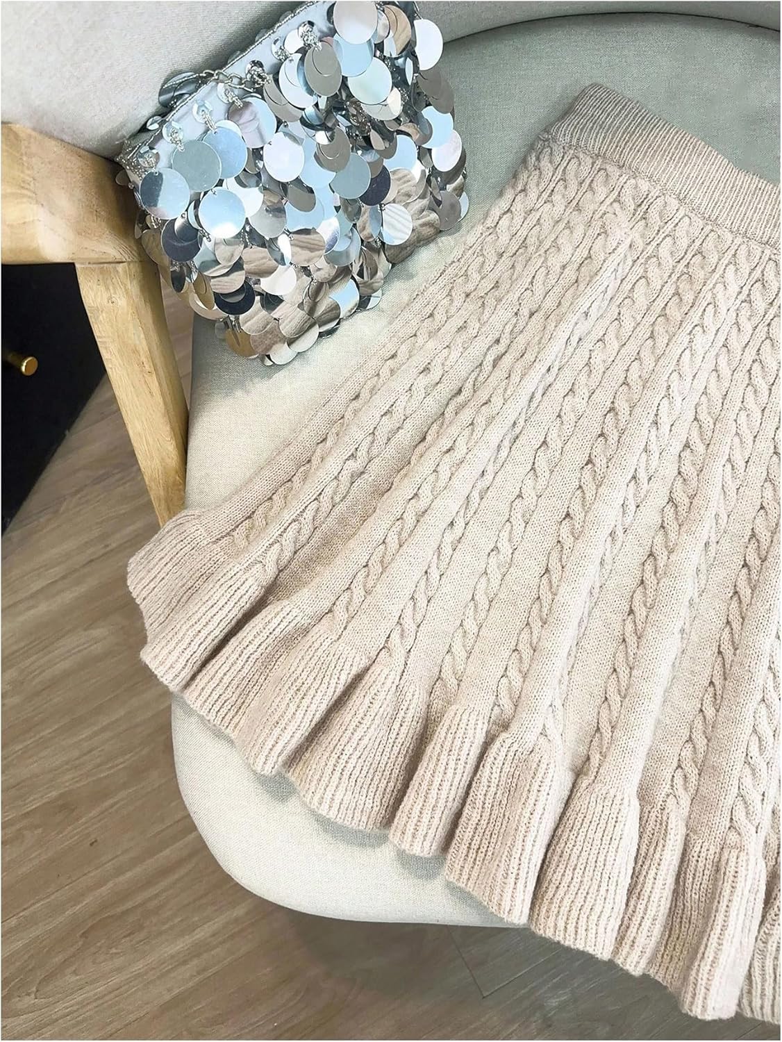 Verdusa Women's Cable Knit Ruffle Skirt A Line Short Sweater Skirts Elegant Outfits - Image 4