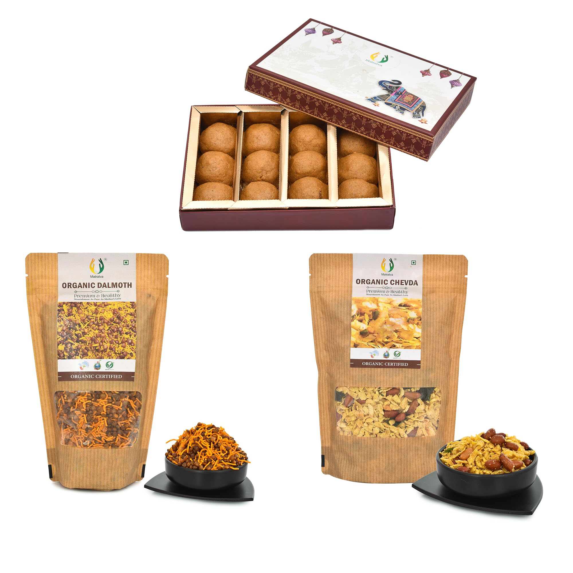 Matratva Premuim Gift box With Besan Ladoo| Organic Chevda Namkeen 250 g | Organic Dalmoth Namkeen 250 g | Best Namkeen & Sweet Gift Box (B09HQYGGSW) Amazon Price History, Amazon Price Tracker