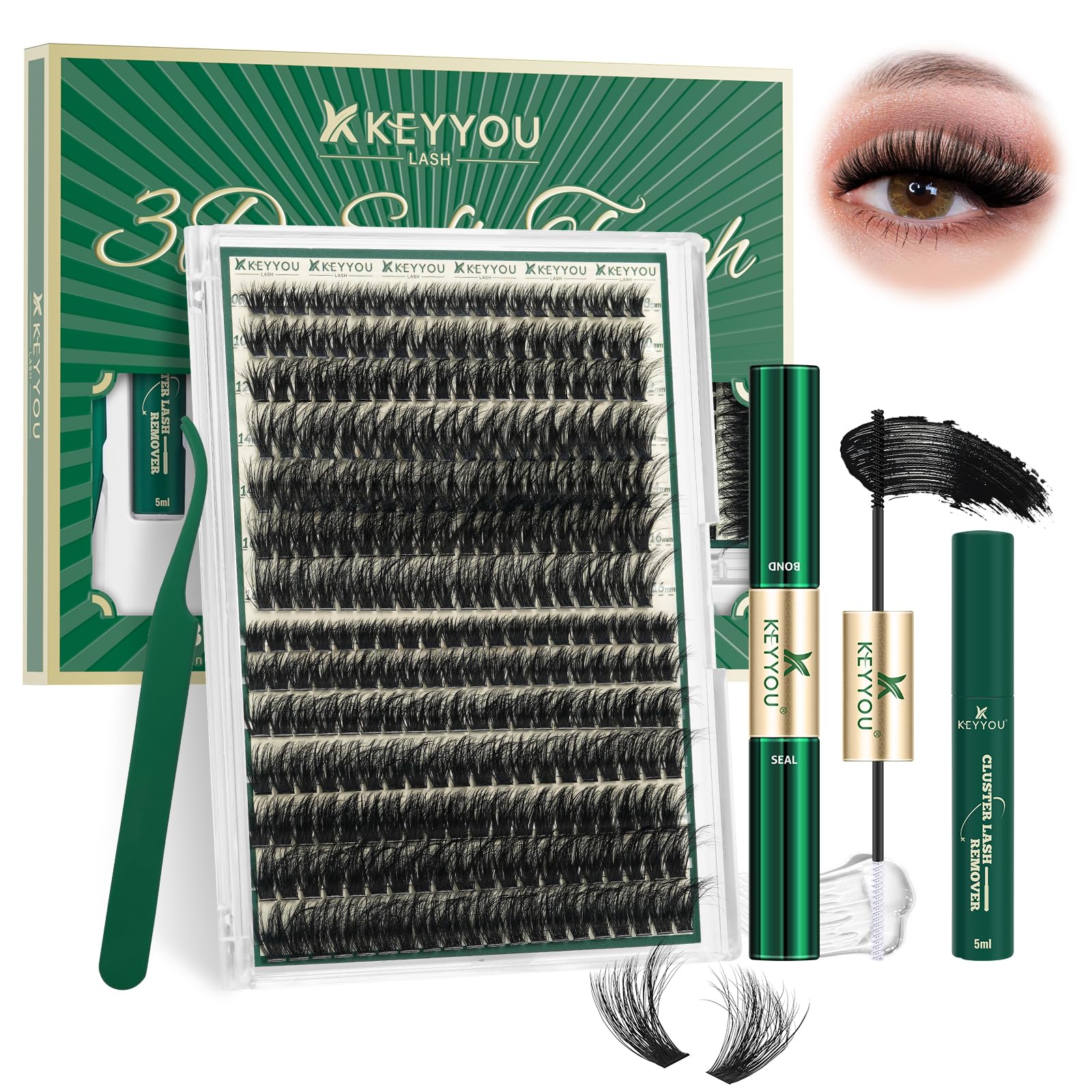 KEYYOU lash Clusters Kit 3D Effect Eyelash Clusters Kit 280pcs 80D100D 8-16MIX D Curl Individual Lashes Kit Wispy Lashes Volume Cluster Lashes Kit Natural Soft (3D Kit-80D100D-D-8-16MIX)