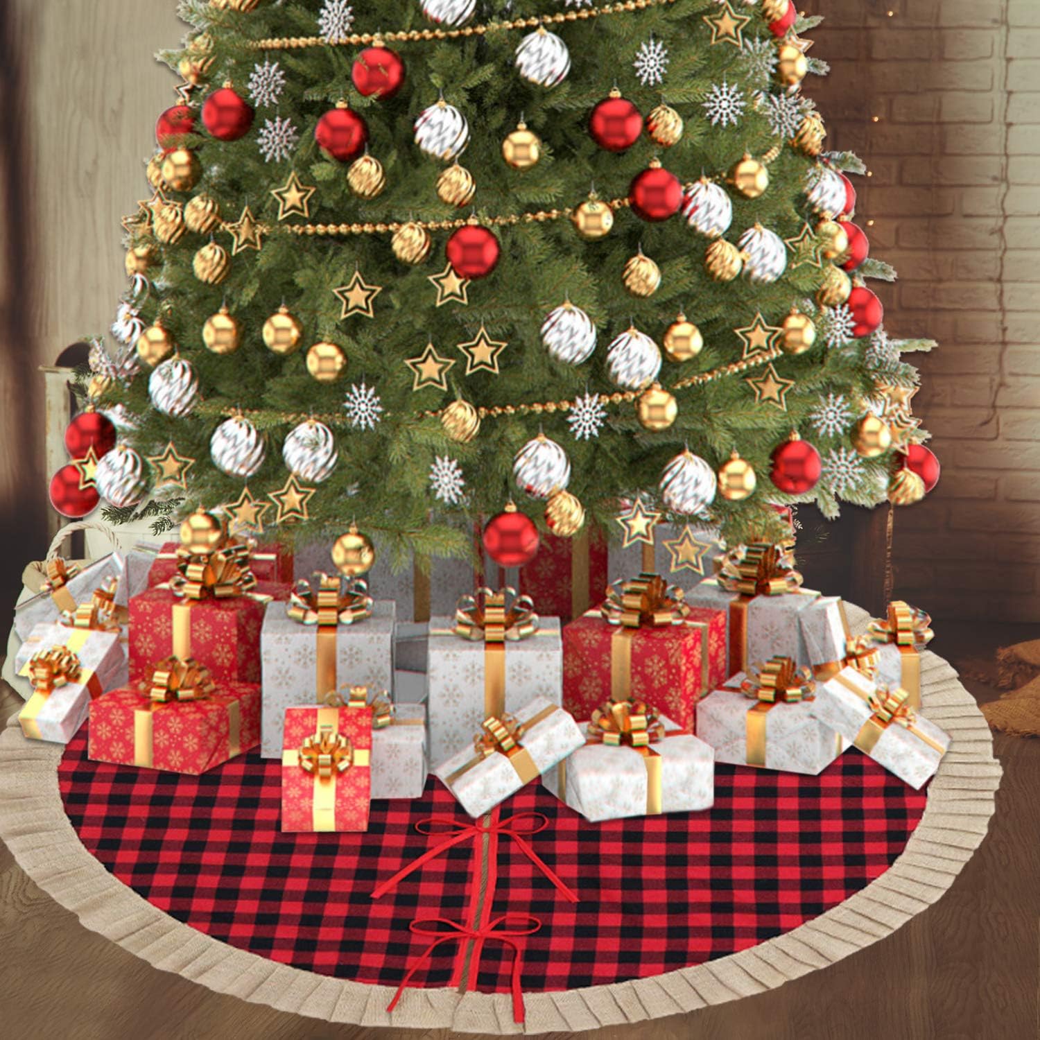Partyprops Christmas Tree Skirt, Large 48 Inch Red Black Buffalo Plaid Tree Skirt, Burlap Ruffle Double Layers Tree Skirt for Christmas Decorations, Xmas Holiday Decorations Indoor Outdoor